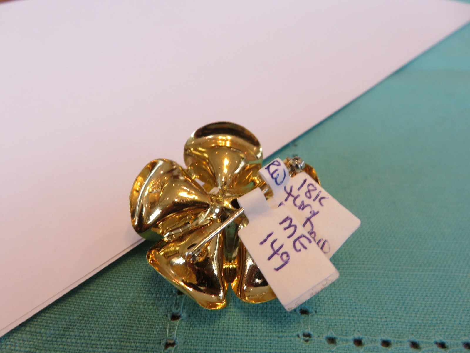 ART DECO 18K GOLD ITALY TURQUOISE FLOWER BROOCH 39 MM ROUND