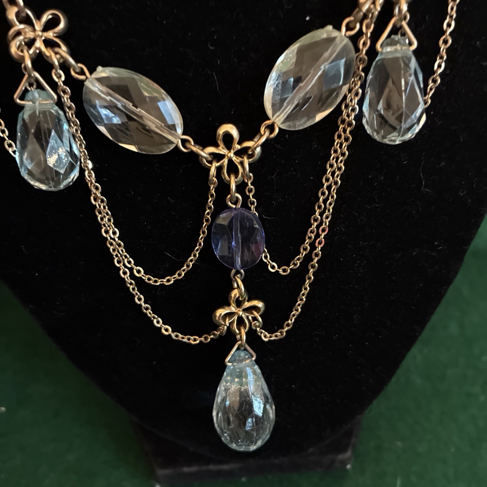 Edwardian Revival Gold Tone Necklace Ice Blue Faceted Teardrop Crystals Dangle