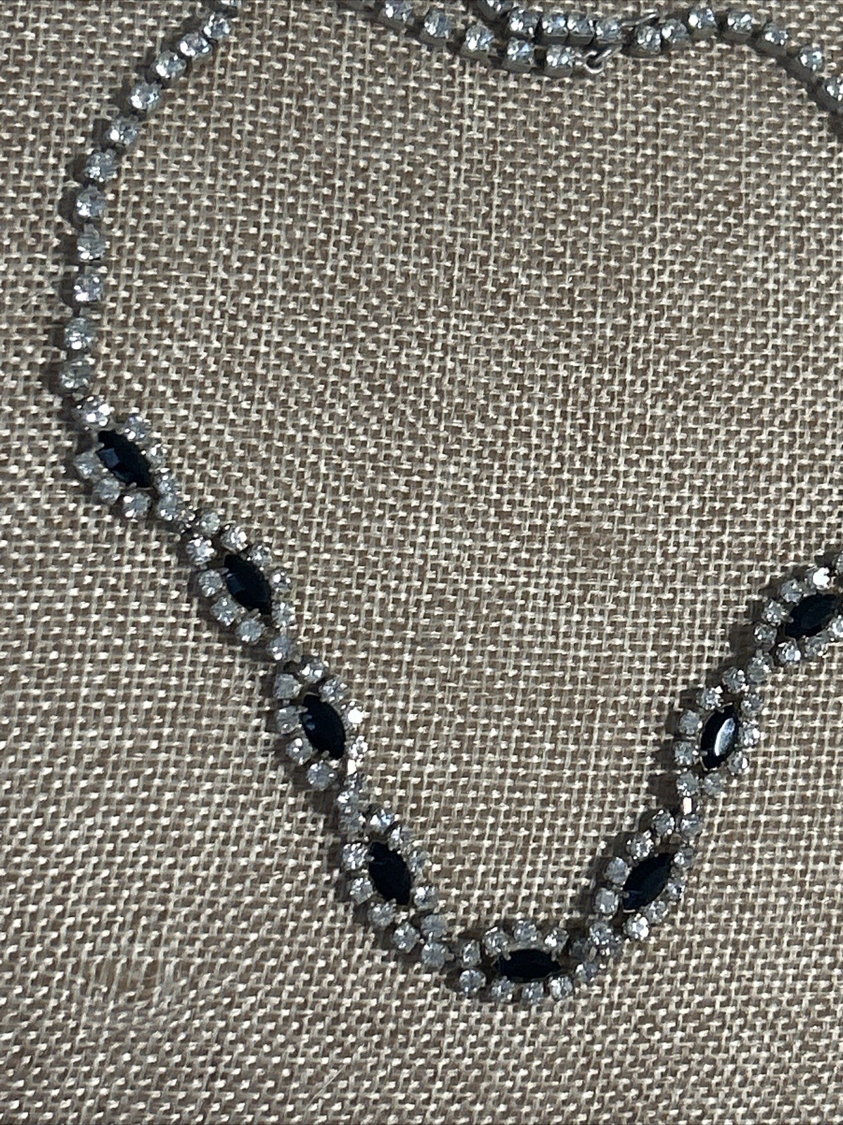 Vintage Silver-Tone Choker with Black Marquise & Clear Round Rhinestones