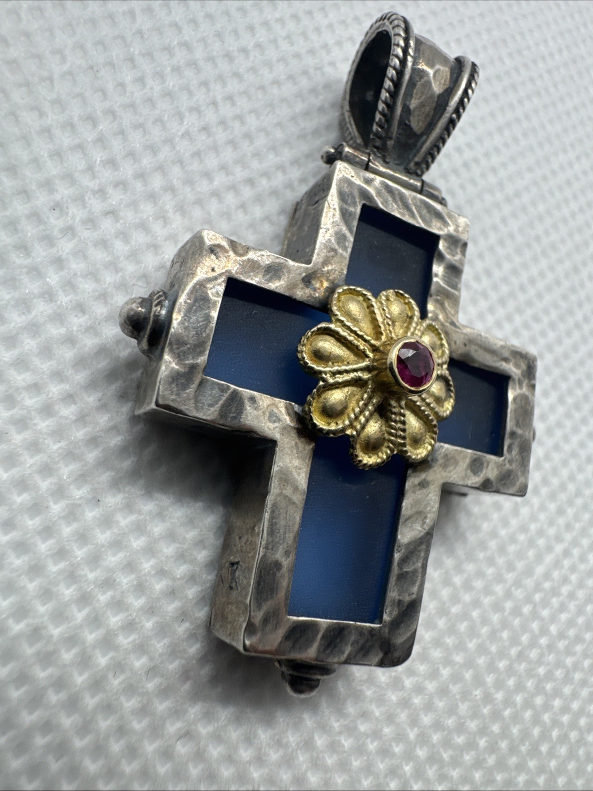 Cross Pendant Blue Glass Sterling Silver 18K Yellow Gold Red Ruby C17