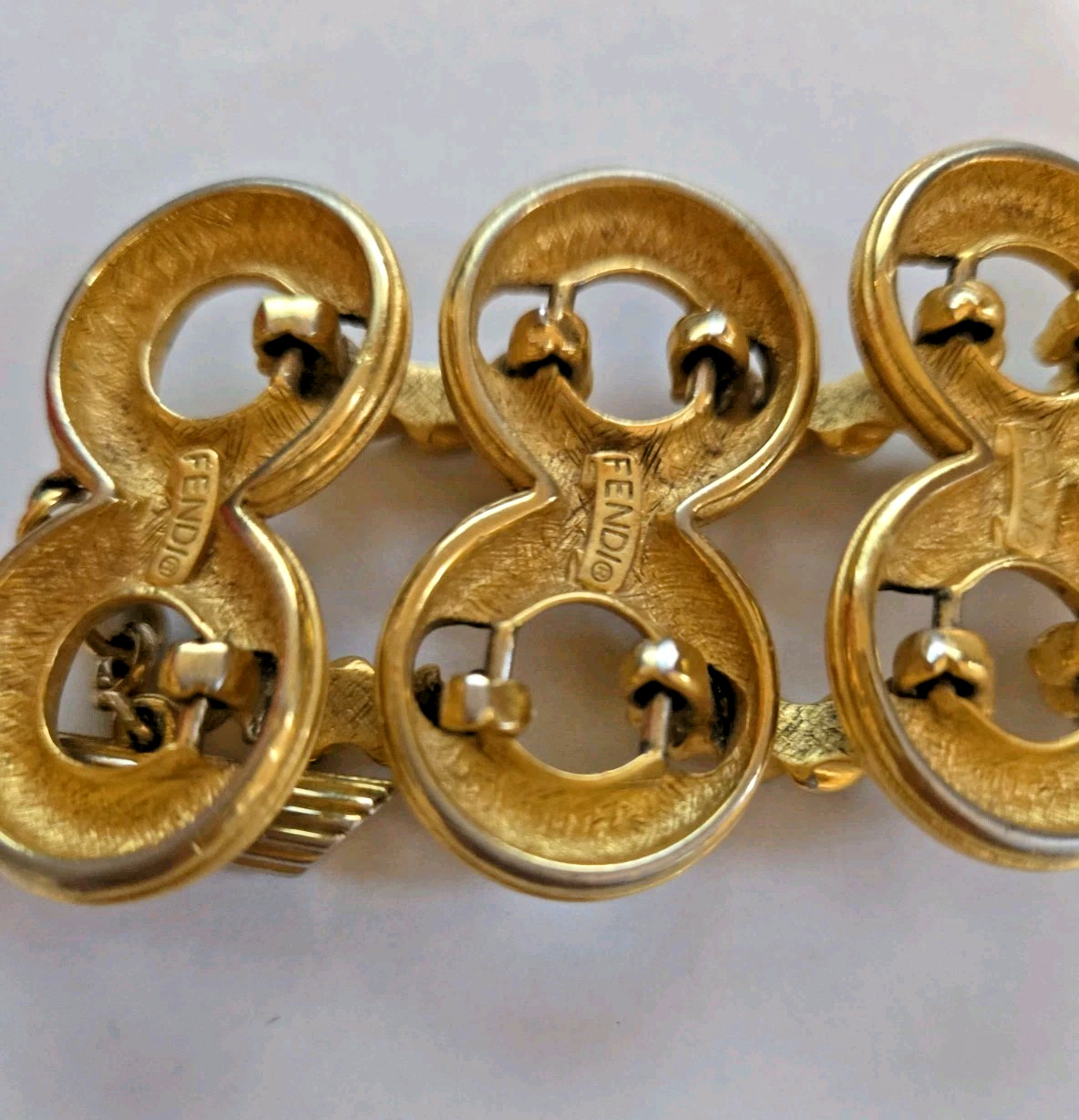 Vintage FENDI Wide Two Row Gold Plate Bracelet 8″ Length Signed 80s