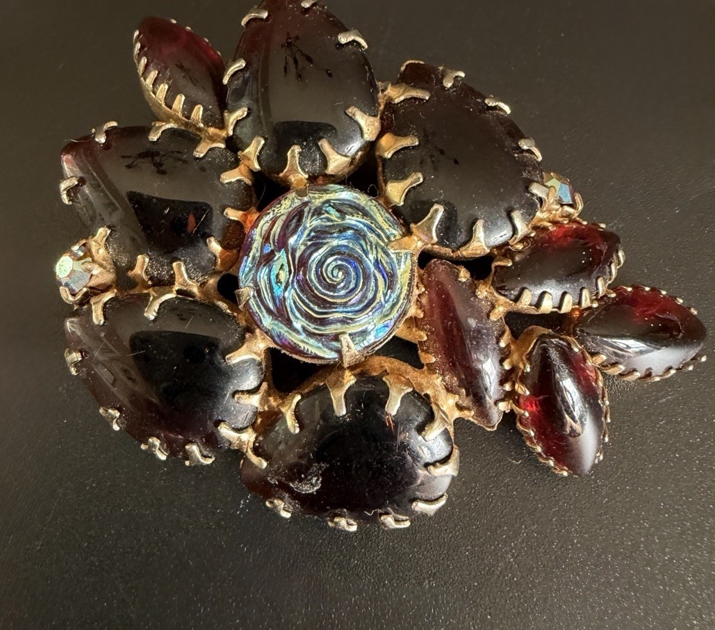 Deep Red Glass Molded Rose Brooch Art Glass Flower AB Rhinestone Statement Vtg