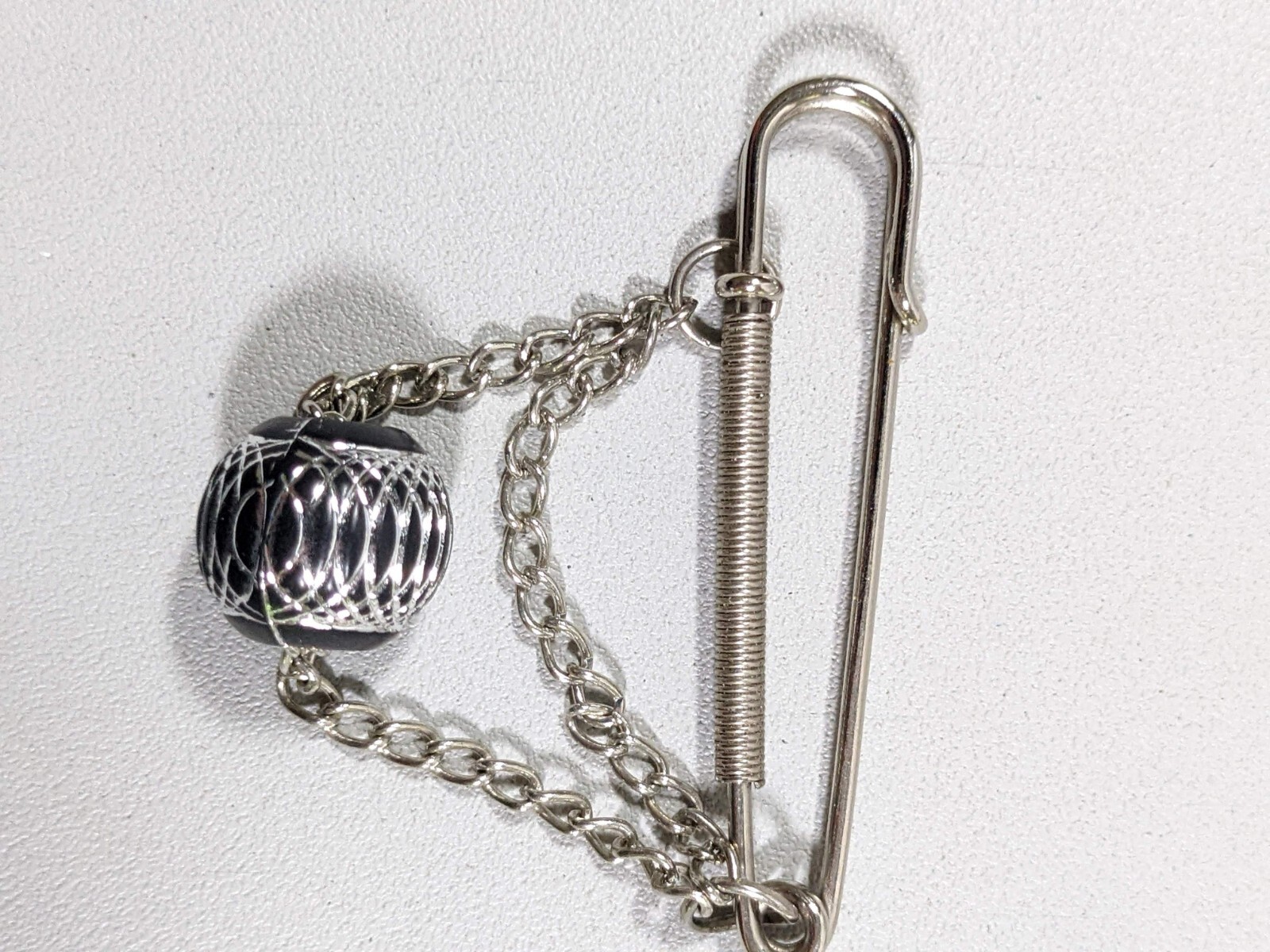 Silver Tone Safety Pin Brooch Charm Holder Black Bead with Chain