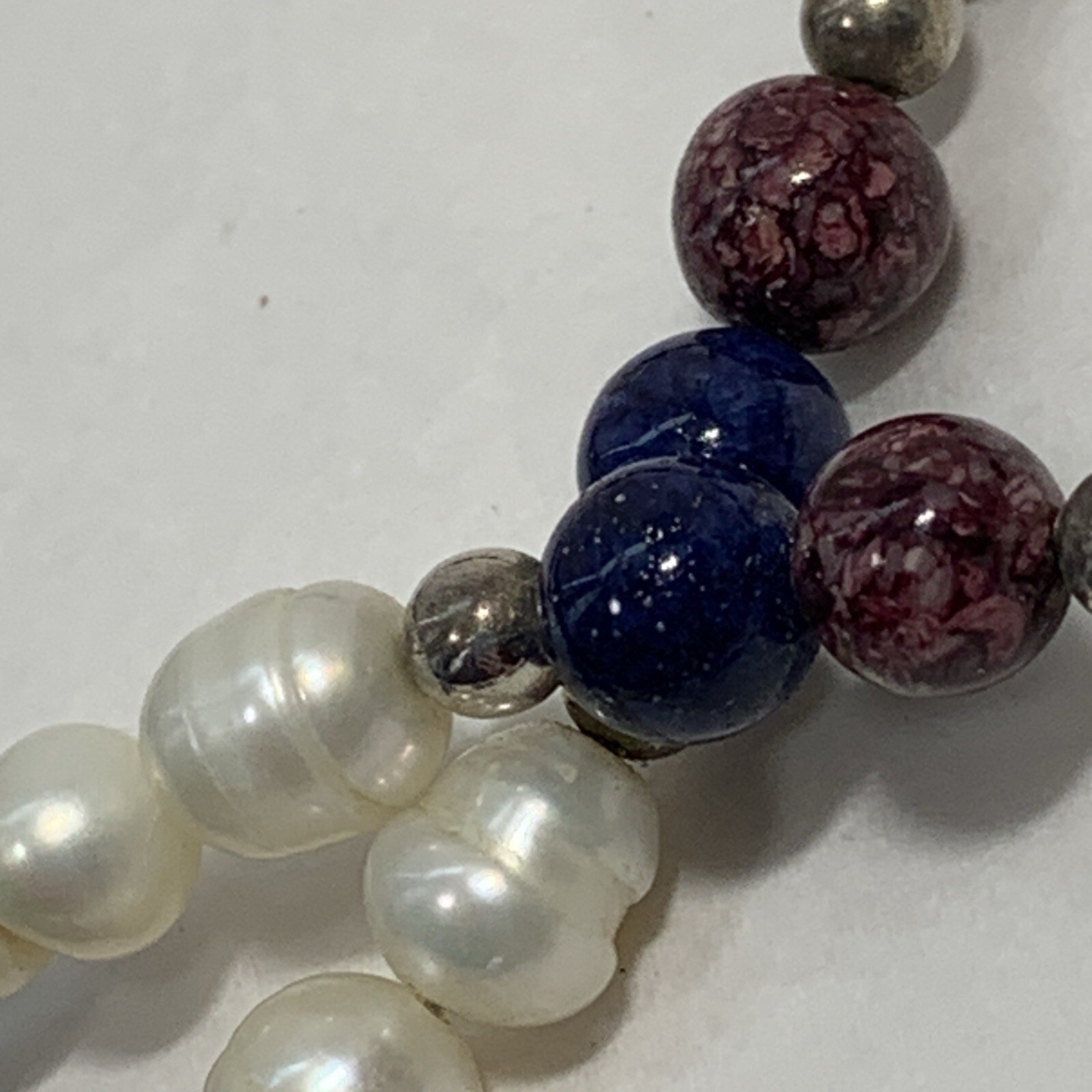 Vintage 925 Sterling Silver Freshwater Pearl Stone Bead Necklace Purple Blue 20″