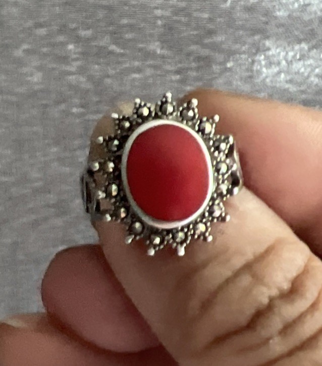 Beautiful Coral Or Jasper 925 Ring With Marcasites Design