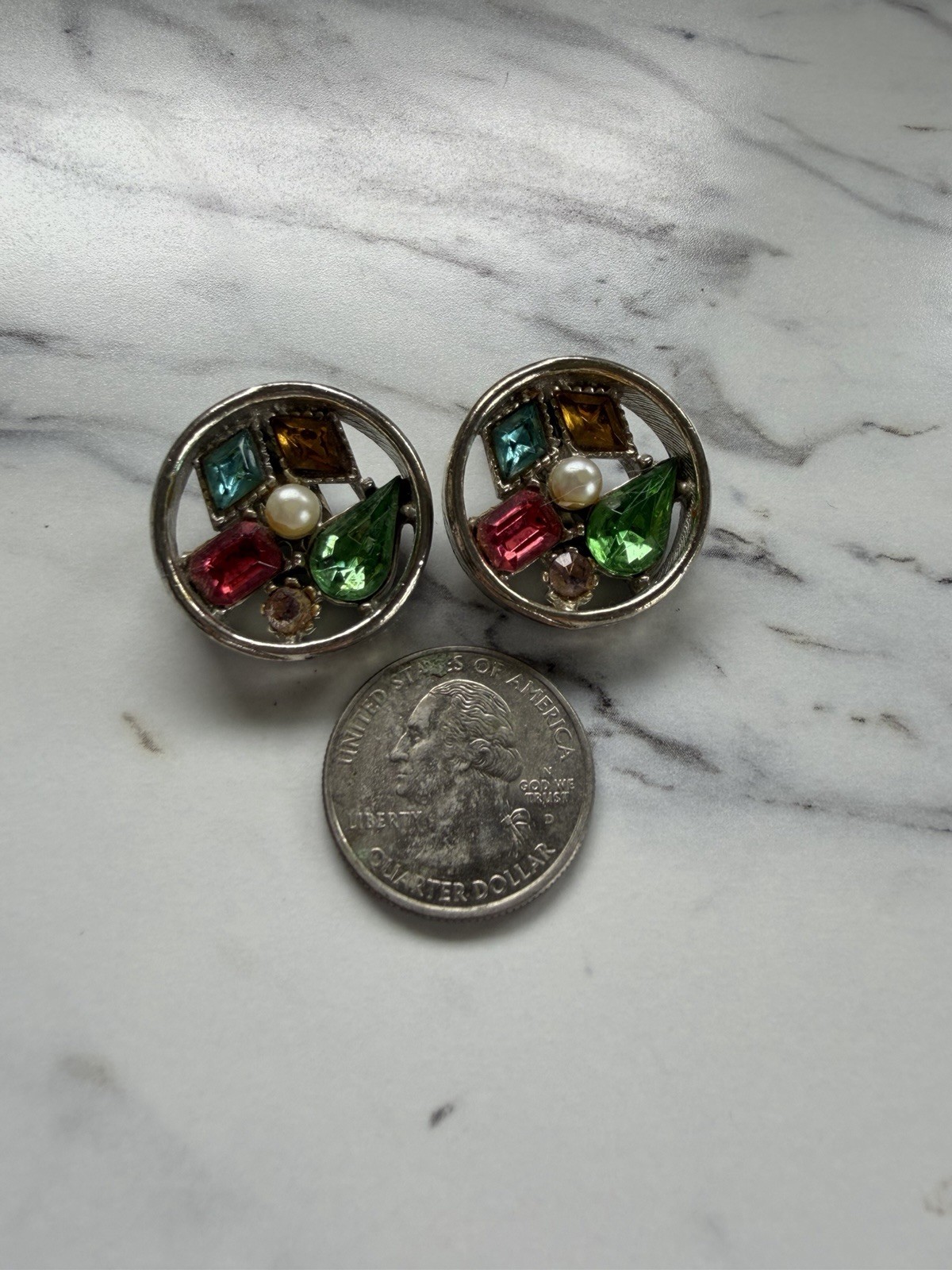 Vintage ART Signed Clip On Earrings Multicolor Rhinestone Faux Pearl Estate