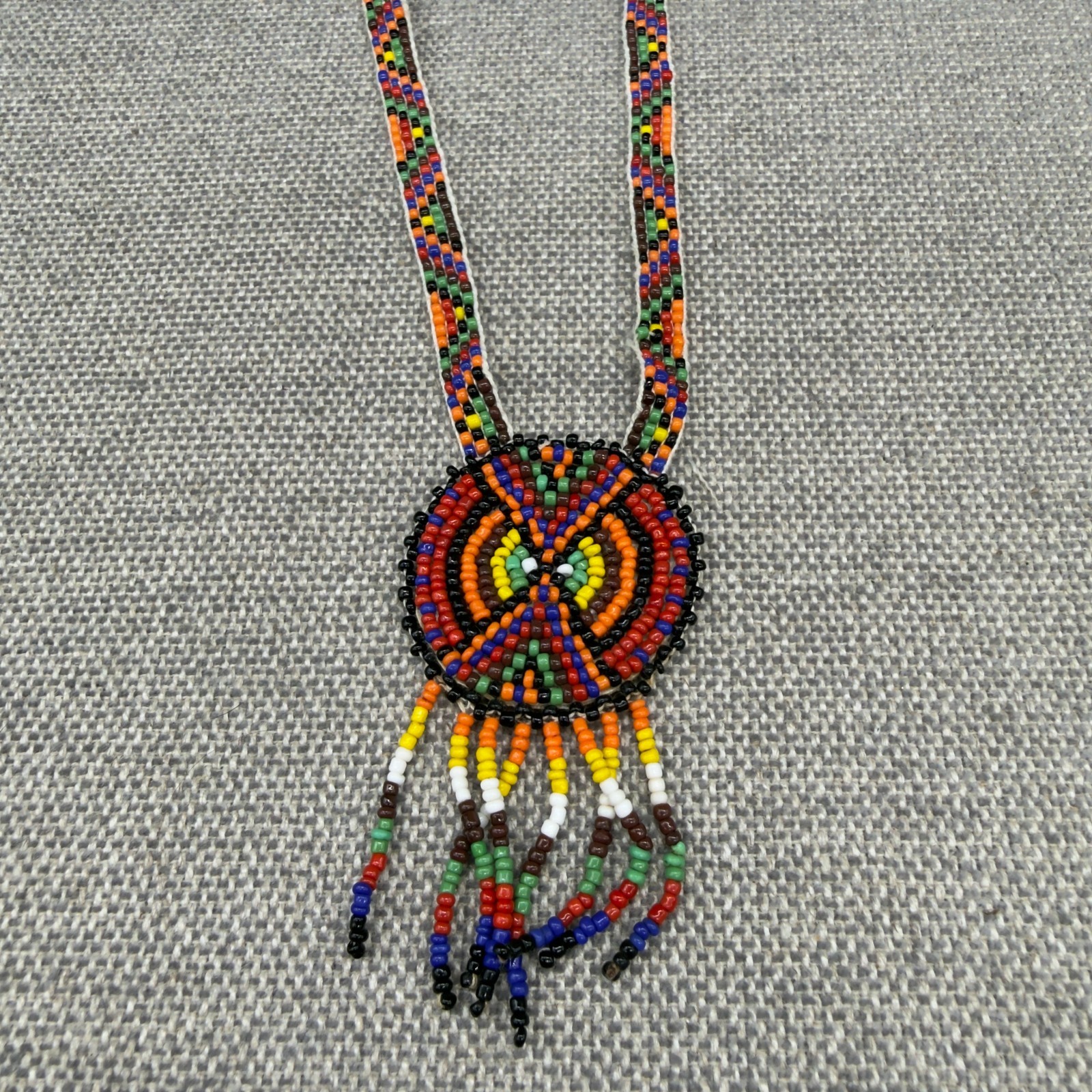 Vintage Necklace Colorful Seed Beads Leather Backed Pendant 22 Inches Southwest