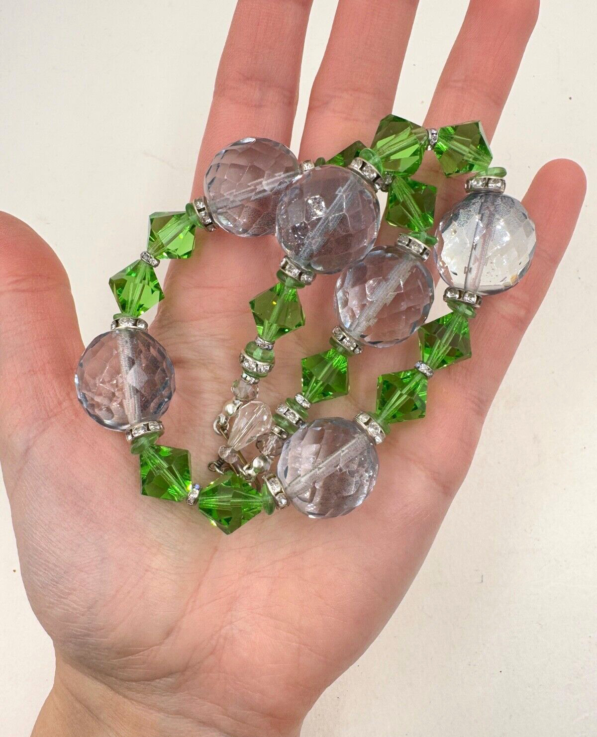 LRG MOONSTONE CLR FACETED CRYSTAL BEADS VIVID GREEN BI CONE ROUNDEL SPC NECKLACE
