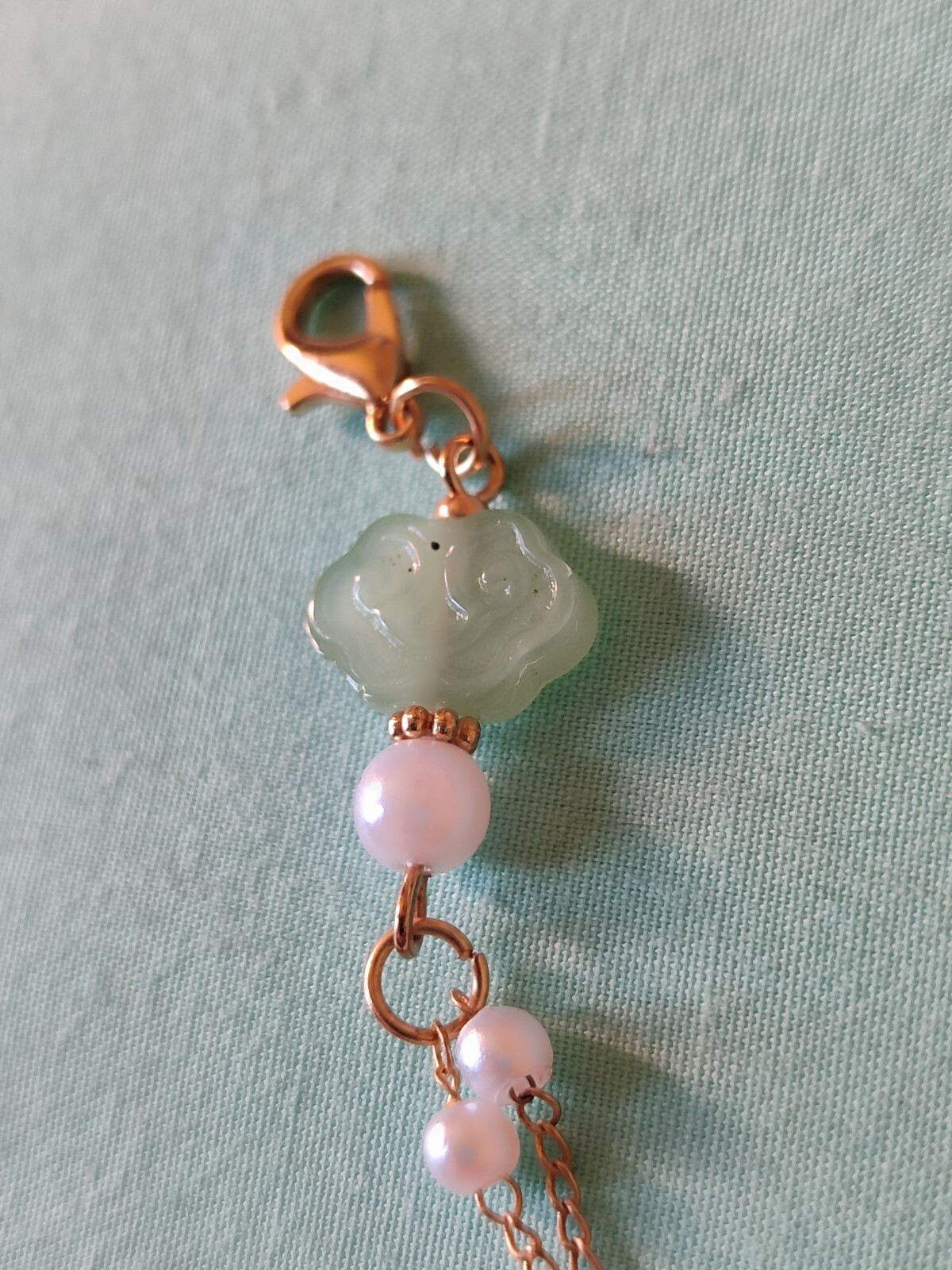 Asian Style Dangle Charm Faux Jade Glass Pearl Gold Tone Double Strand Kimono