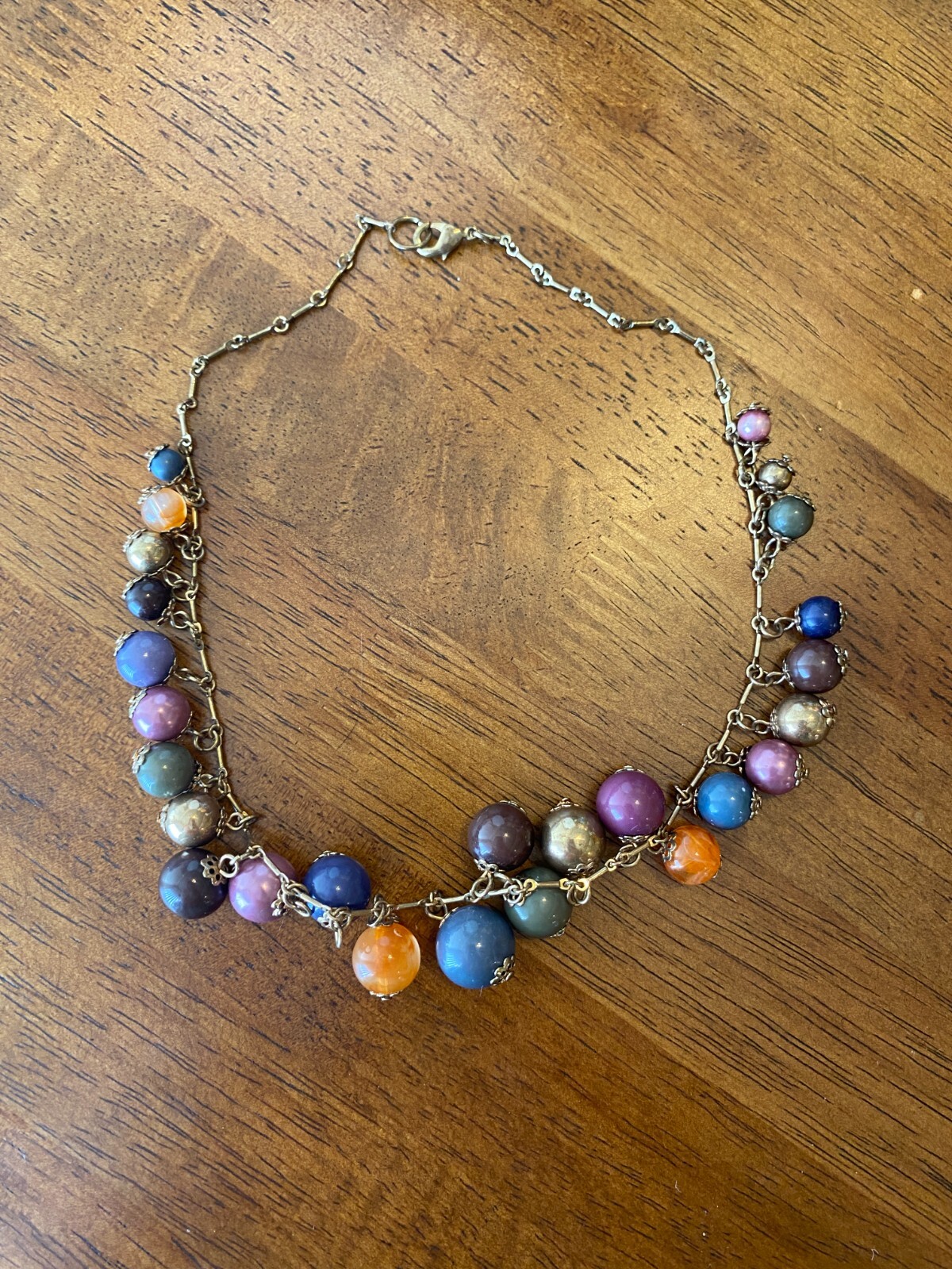 Vintage Colorful Cha-Cha Style Mixed Bead Necklace Gold Plated Bar-Link Chain