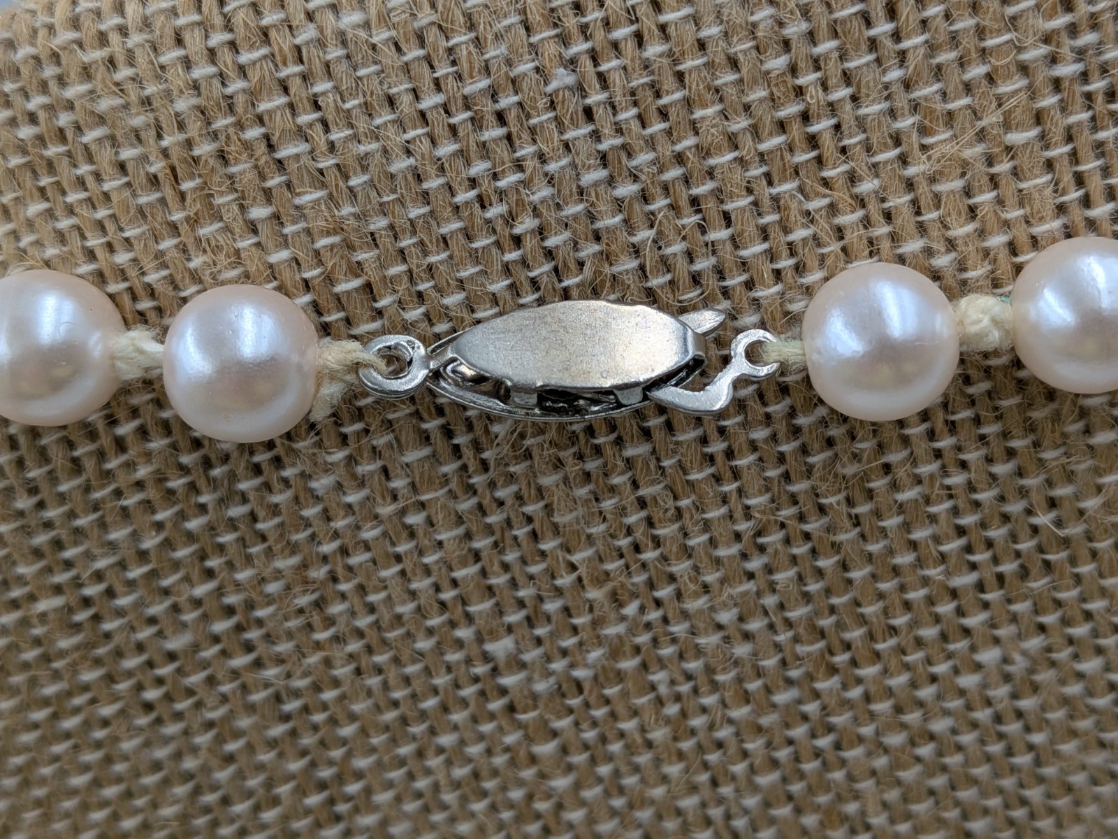 Vintage Faux Pearl Necklace Knotted with silver tone fish- hook clasp unbranded