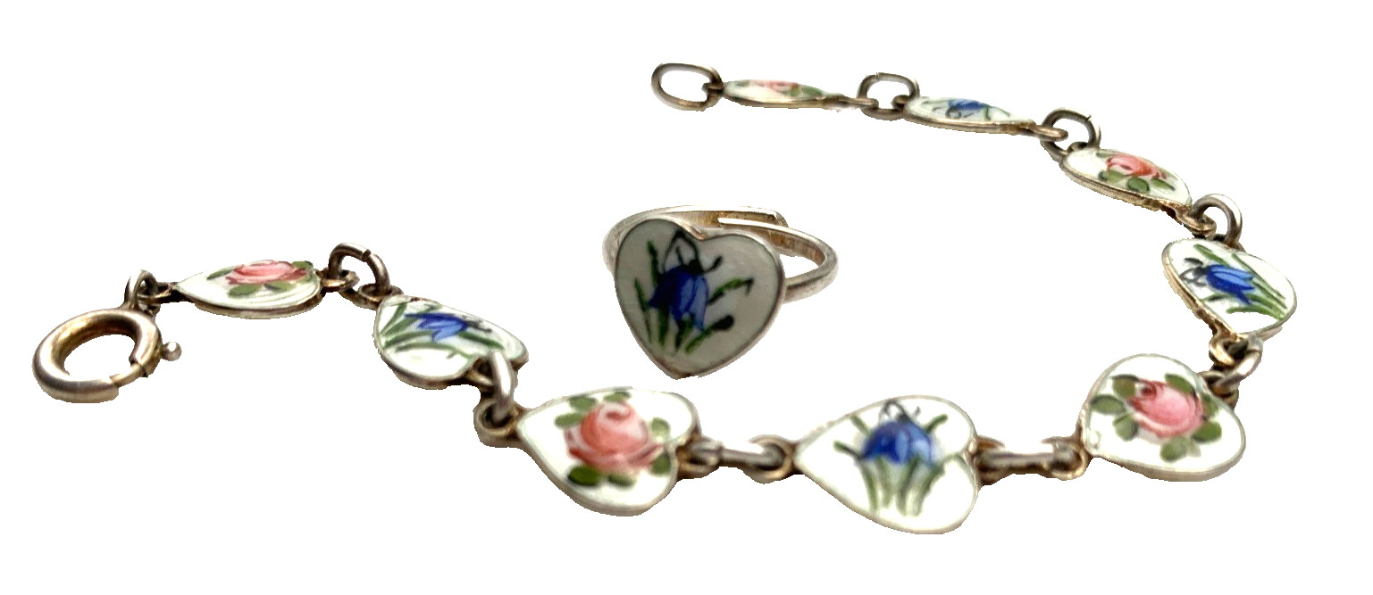 Vtg Finn Jensen Guilloche Enamel Hearts Roses and Bell Flowers Bracelet & Ring