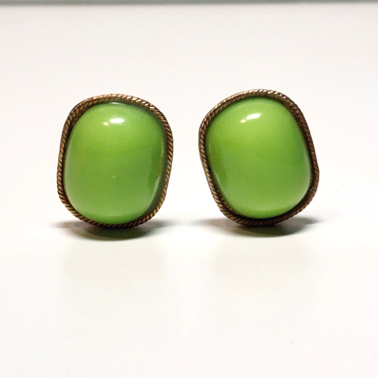 MARVELLA earrings lime green cabochon block ovals goldtone metal clip on vintage