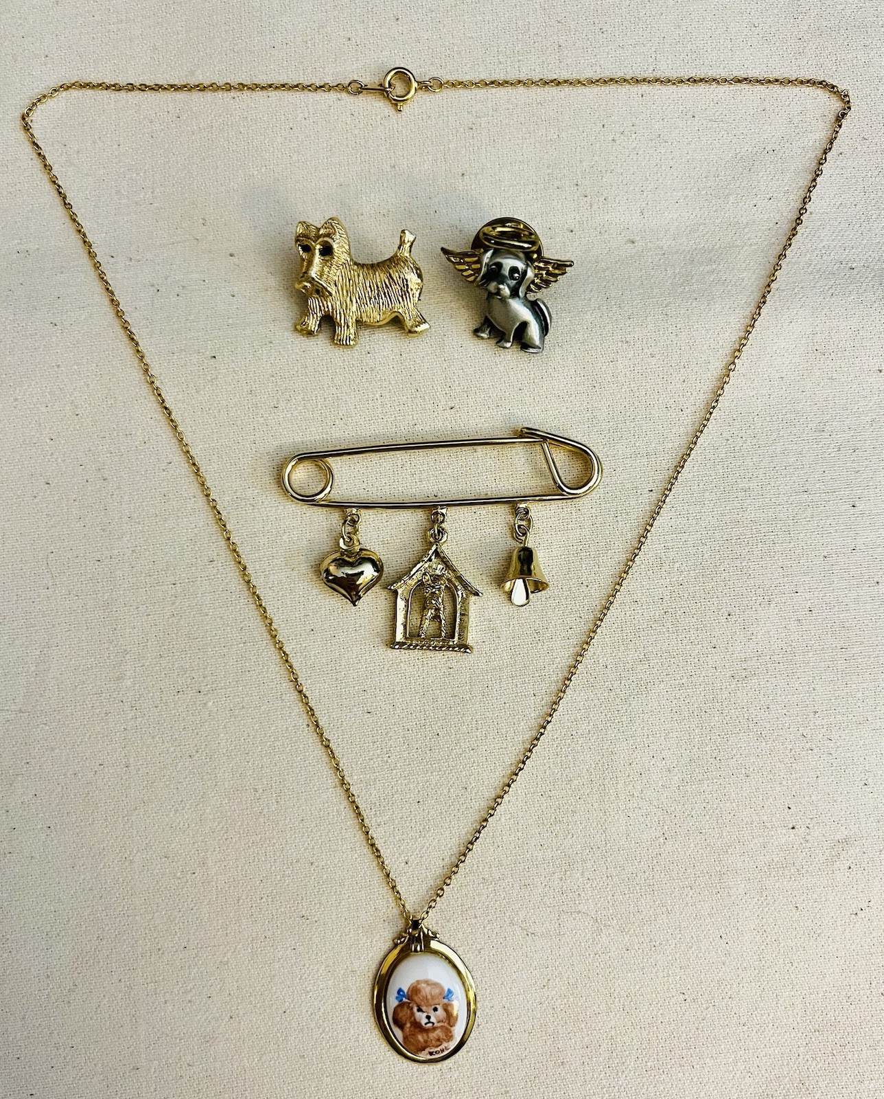 Lot of 4 Vintage Dog Puppy Themed Pieces of Jewelry Pins Necklace Scottie Poodle
