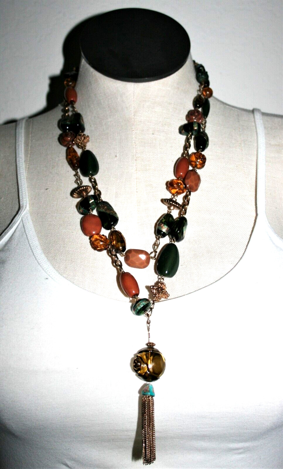Vintage Molded Plastic Beads Fringe Pendant Chunky Layered 24″ Necklace