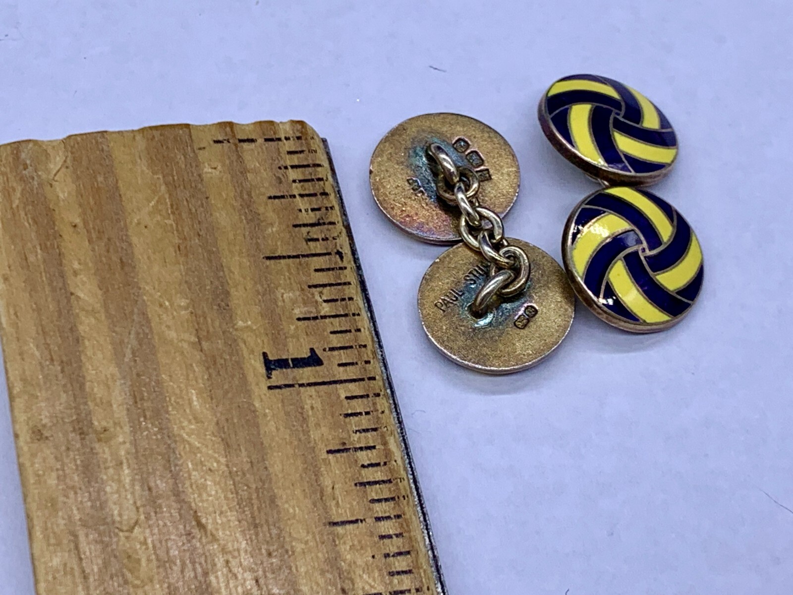 VINTAGE STERLING SILVER DEAKIN FRANCIS PAUL STUART ENAMEL YELLOW BLUE CUFFLINKS
