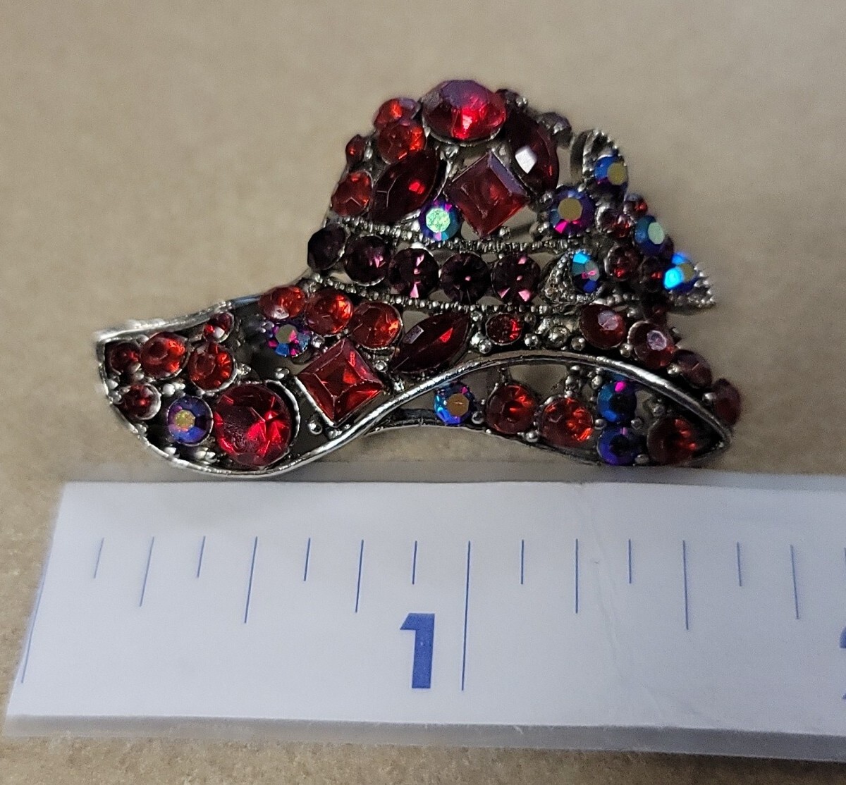 Vtg Red Hat Society Iridescent And Red Rhinestone Open Work Pin Brooch