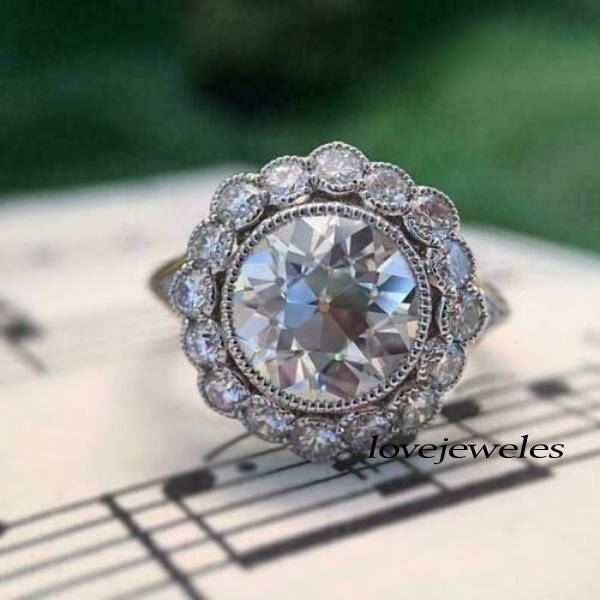 Vintage Art Deco 3CT Round Cut Moissanite Engagement Ring 14K 2-Tone Gold Over