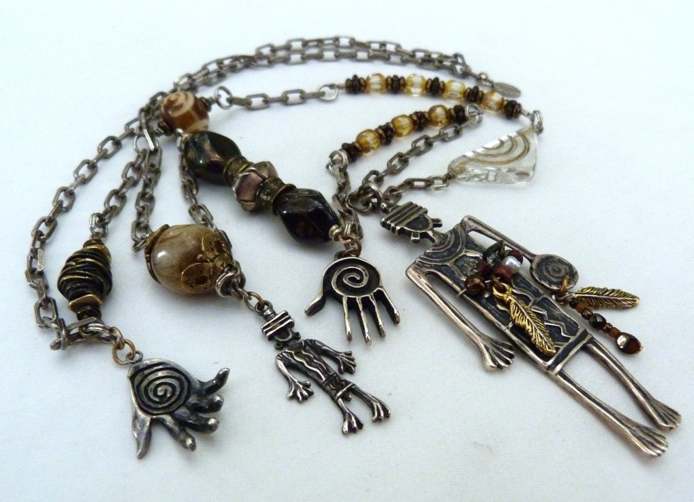 VINTAGE ROBERT SHIELDS USA STERLING SILVER SOUTHWESTERN LARGE CHARM NECKLACE 70G