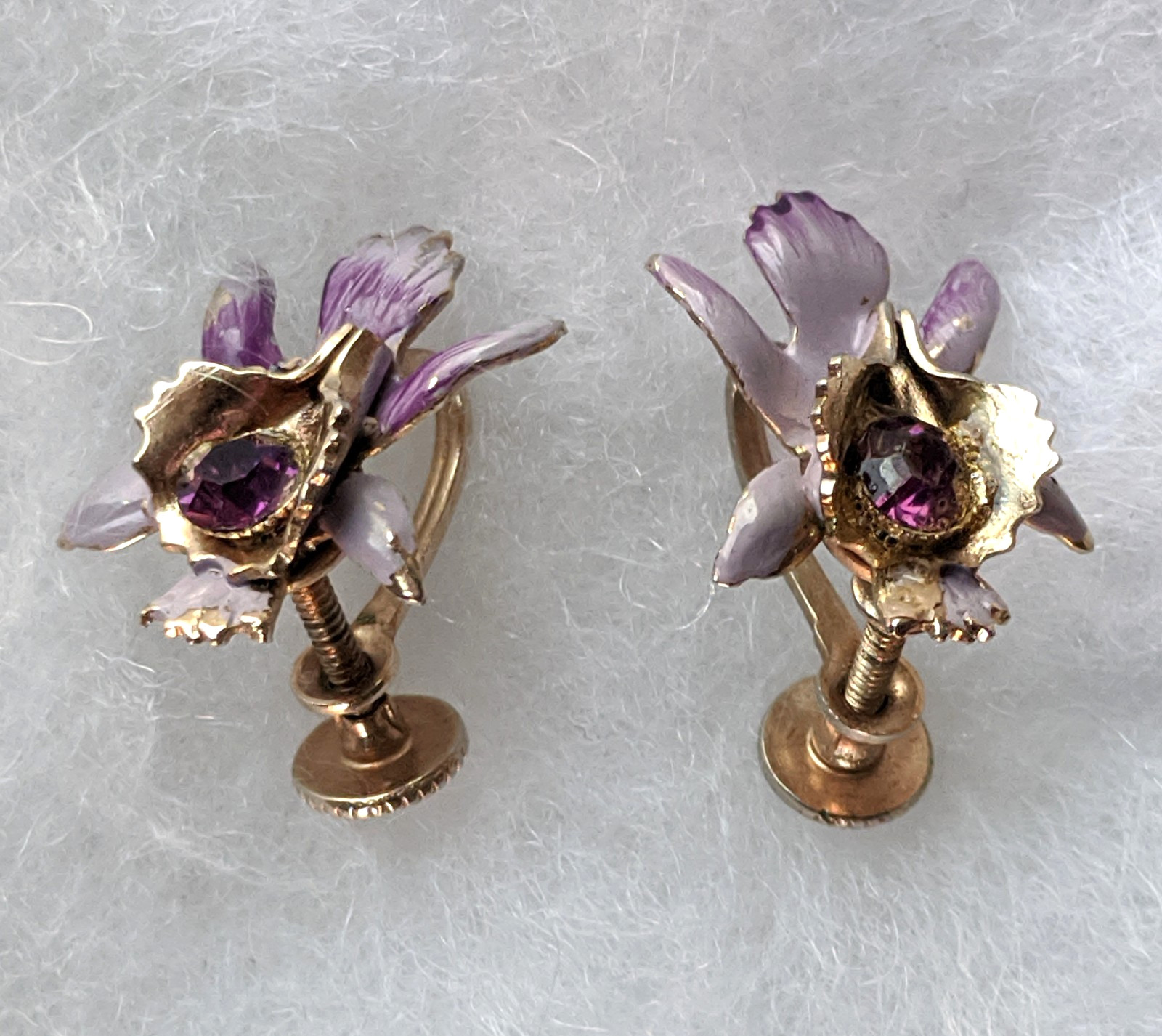 Vintage Orchid with Purple Stone Screwback Earrings – Free Shipping