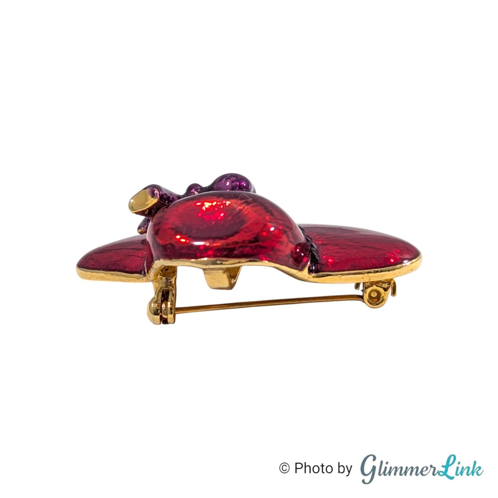 Vintage Red Enamel Hat Brooch Pendant Purple Bow Rhinestones Gold Tone