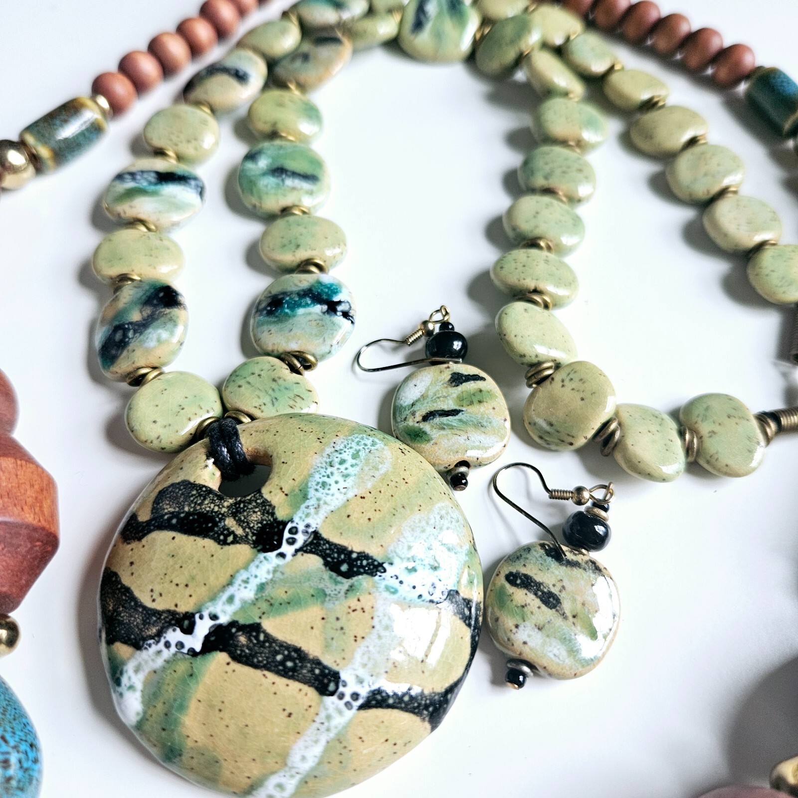 2 Necklaces Earrings Hand painted Ceramic Porcelain Geometric Wood Beads C1946