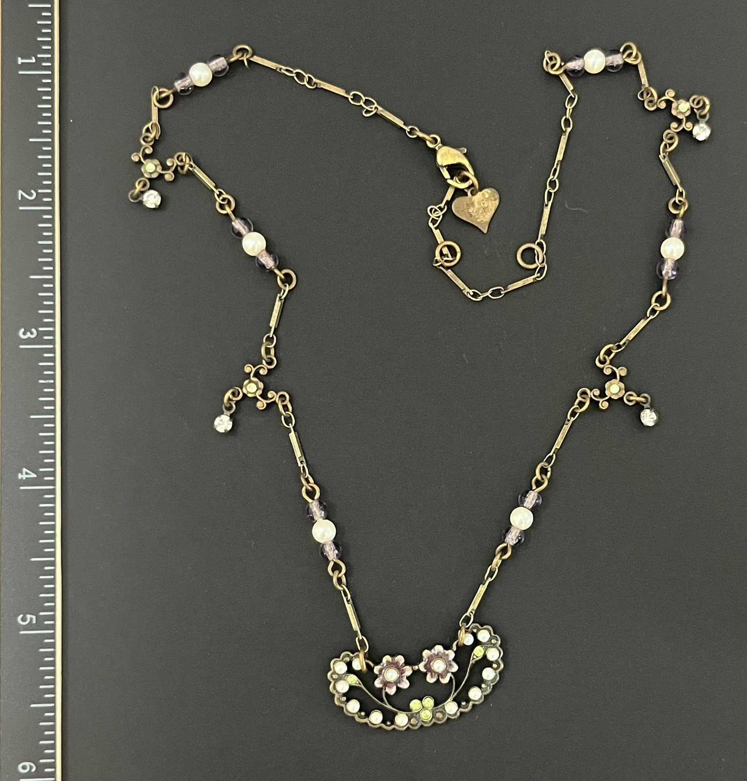 Glass Works Studio Signed Necklace Vintage Hang Tag Flowers Enamel Faux Pearl