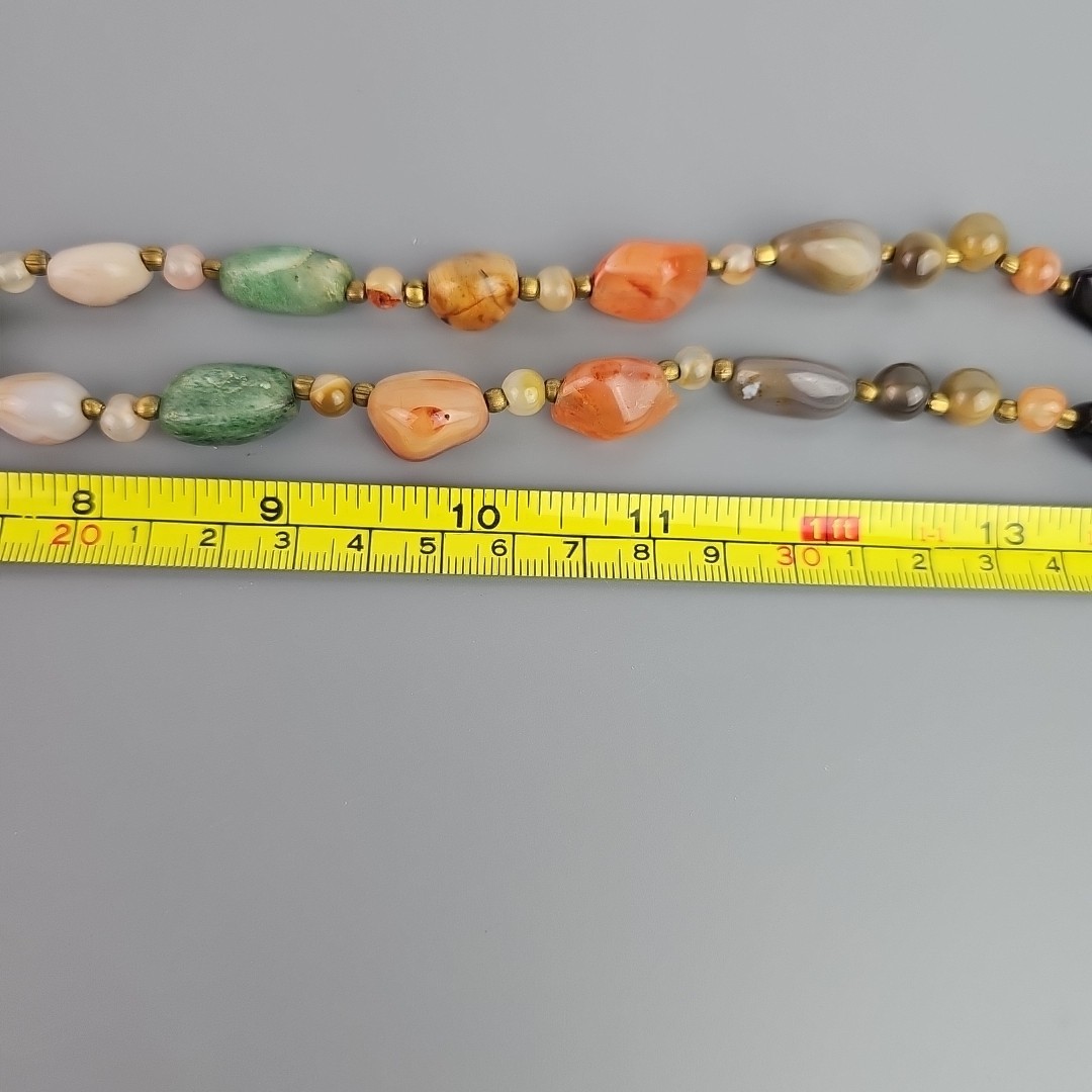 Vintage Beggars Bead Necklace Polished Stone Fall Colors Opera Length 36 Inch
