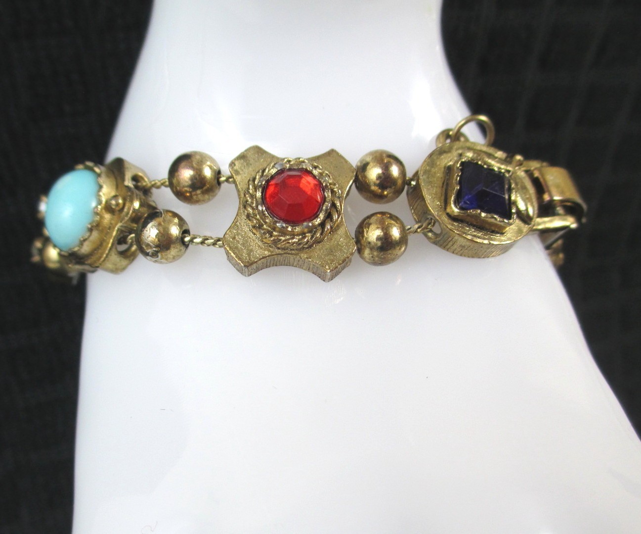 Vintage Victorian Revival Slide Charm Bracelet Gold tone Multicolor cabochons