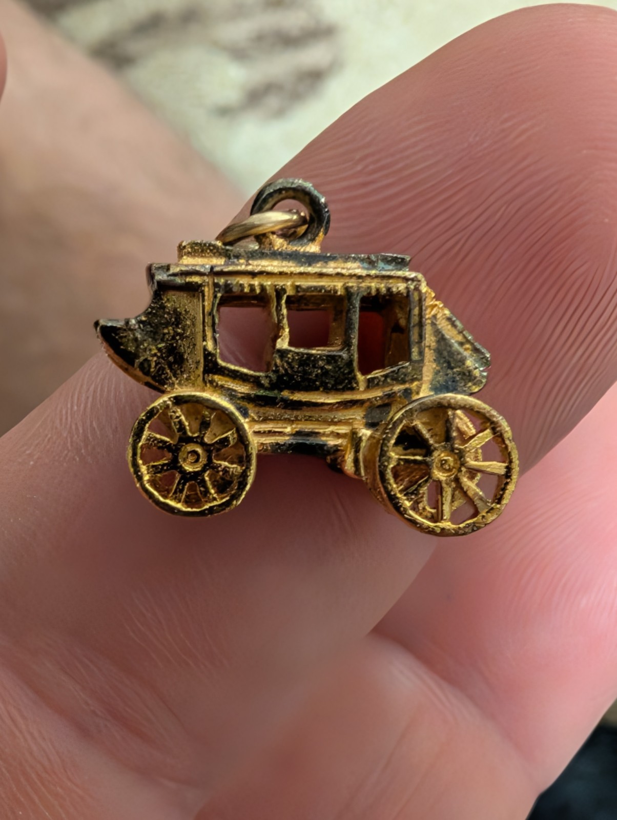 Vintage 3D Stagecoach Charm – Sterling Silver 925 with 14K Gold Wash – 4.88g