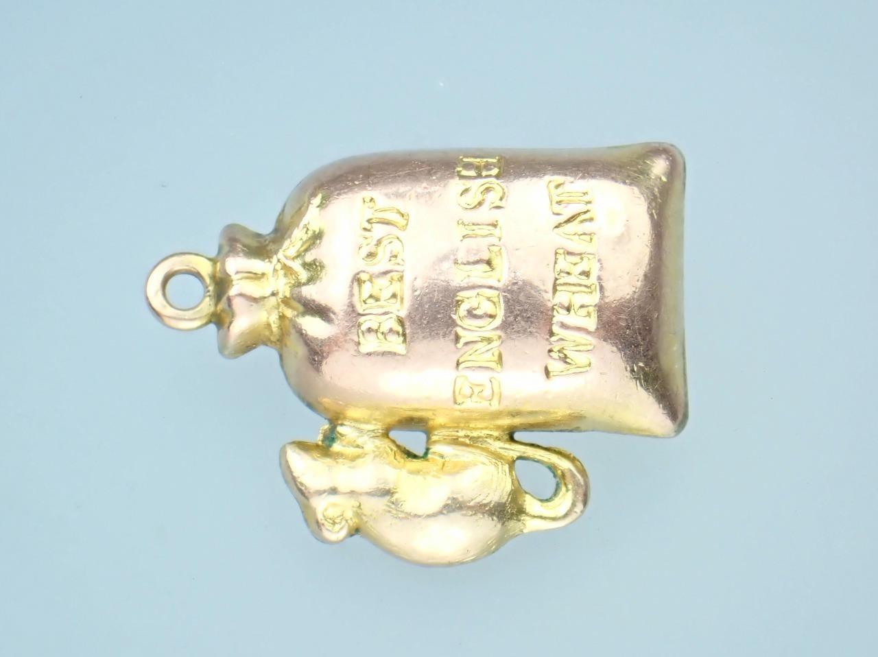 Fun! Antique Victorian Solid 9K Rose Gold Mouse Sack Of Wheat 3D Charm Pendant