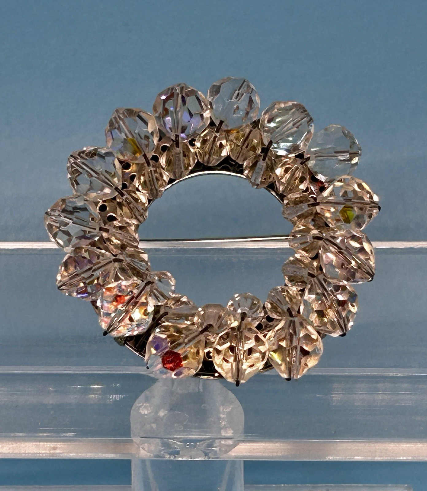 Vintage Clear AB Aurora Borealis Crystal Beaded Round Open Wreath Brooch Pin
