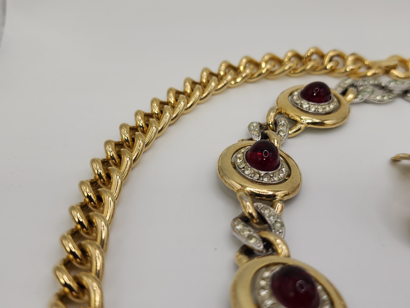 VINTAGE KENNETH LANE RARE 3 PIECE NECKLACE & EARRING SET GOLD RED CABOCHON