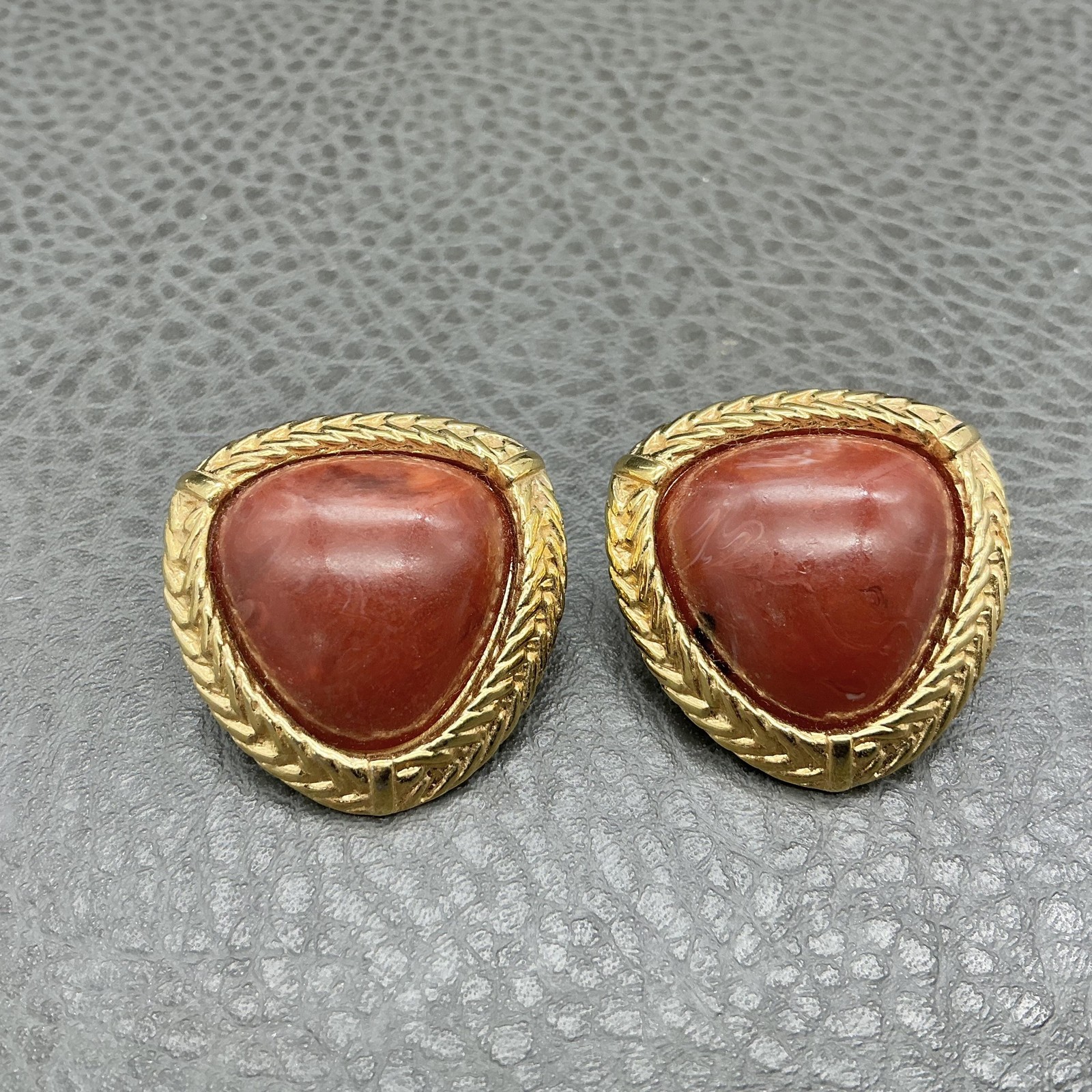 Vintage Monet Clip-On Earrings Gold Tone Wreath Red Cabochon Trillion Statement