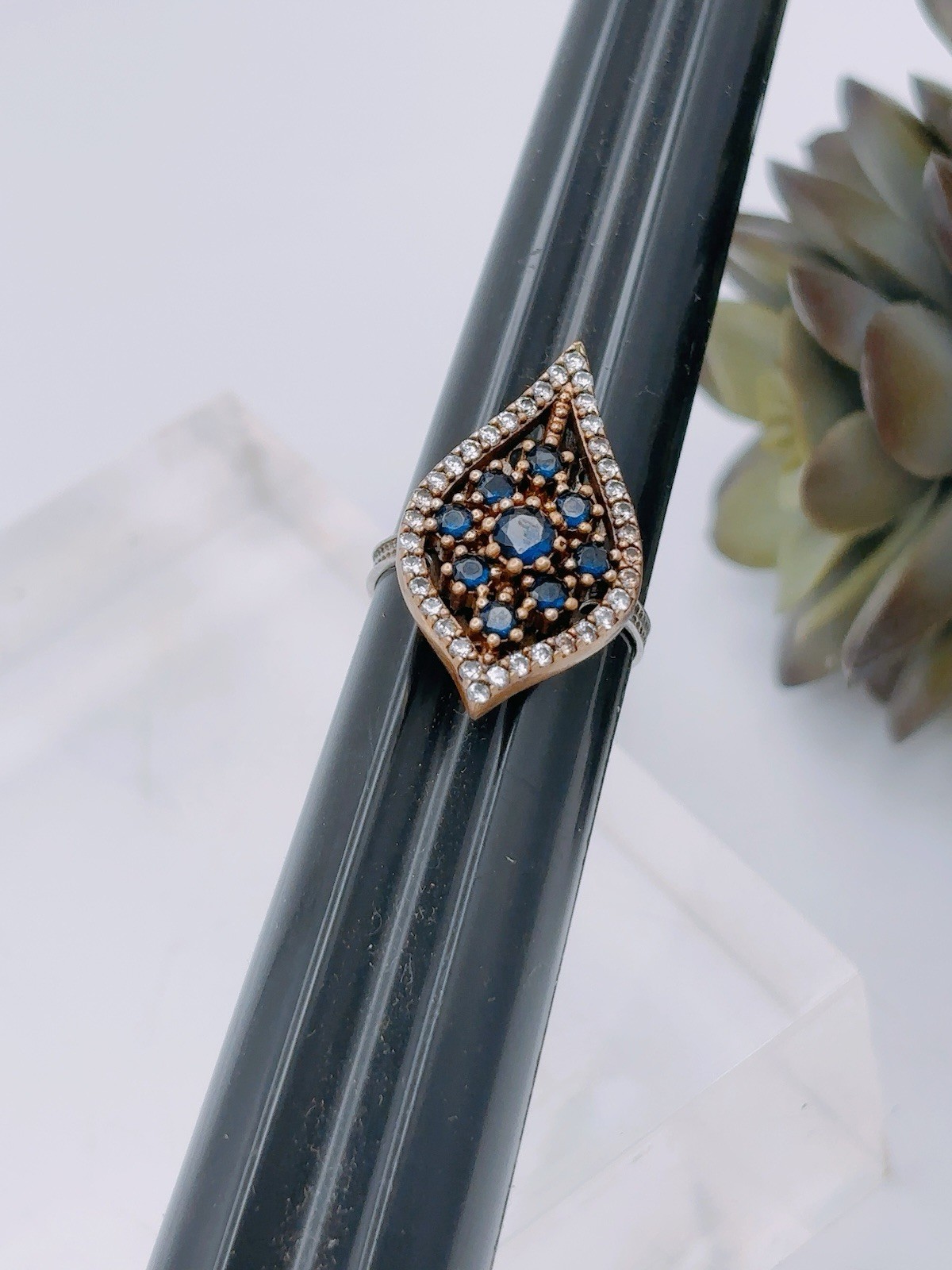 Sterling Silver 925 Turkish Rhombus Iolite Stone Ring Sz 8 Antique Unique