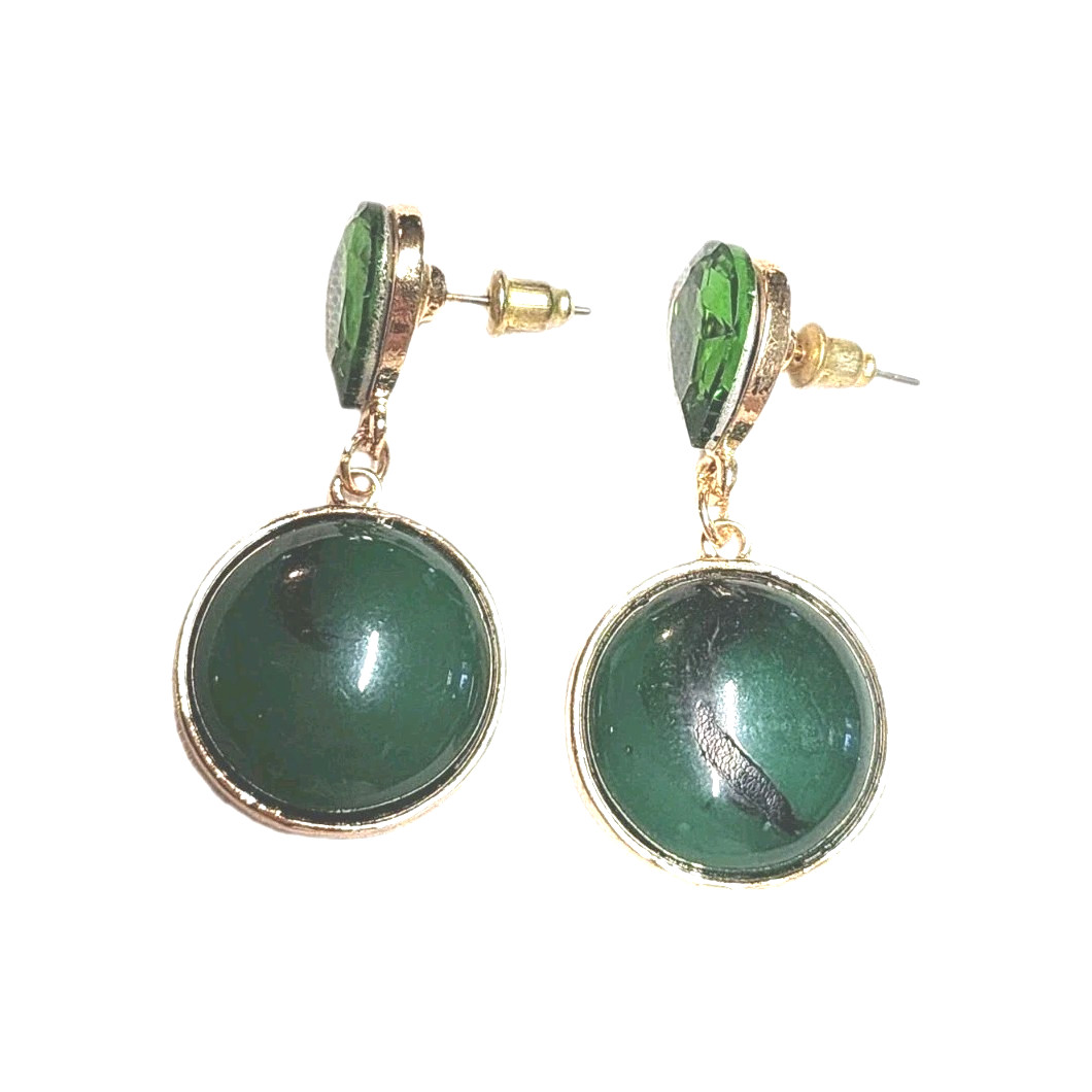 Vintage Green Faux Stone Rhinestone Gold Tone Dangle Earrings Teardrop Round GUC