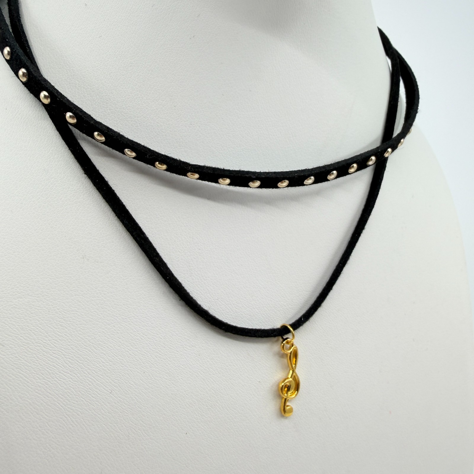 Vintage Black Choker Necklace Layered Double Strand Suede Studded Treble Clef