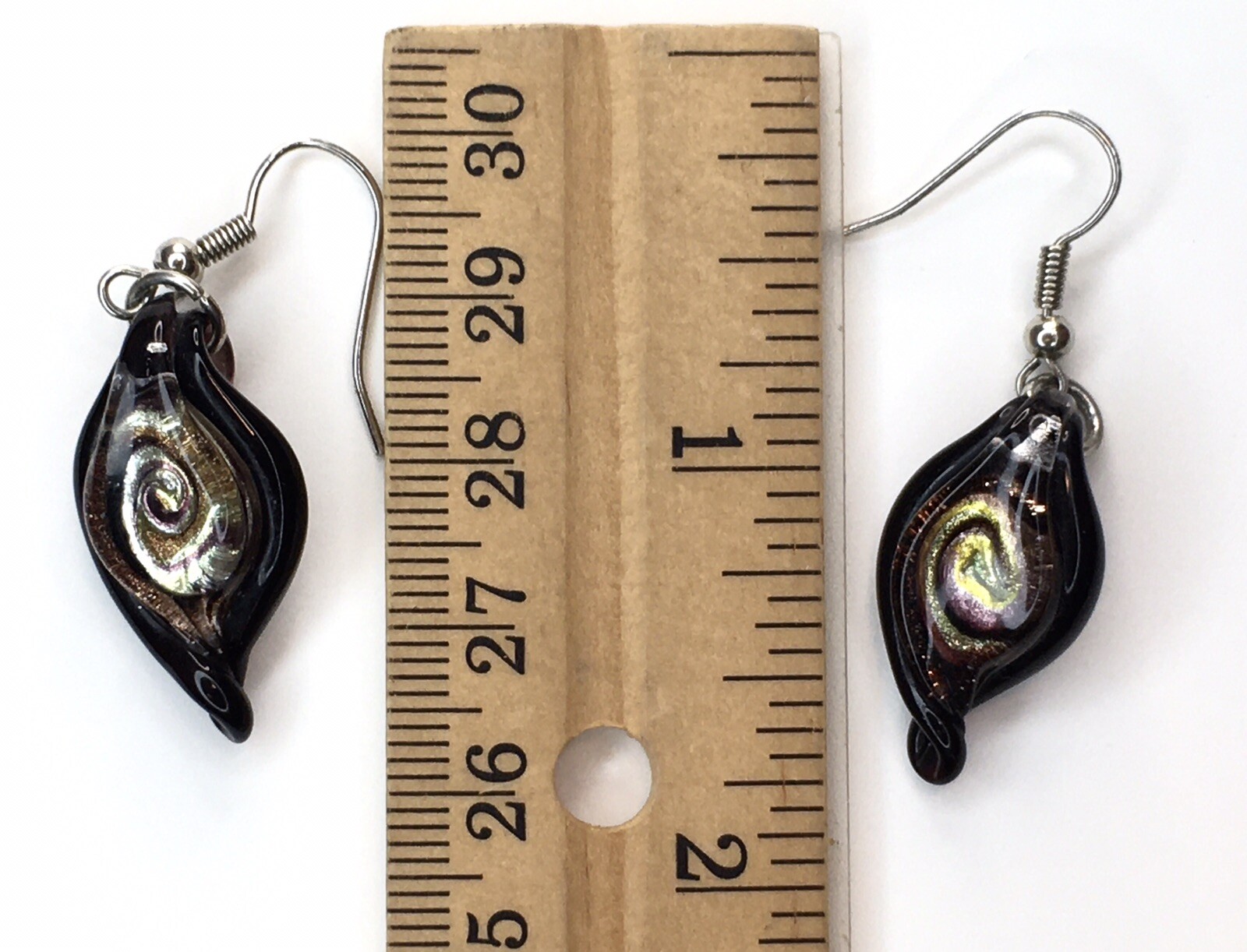 Art Glass Dangle Drop Earrings Black Purple & Yellow
