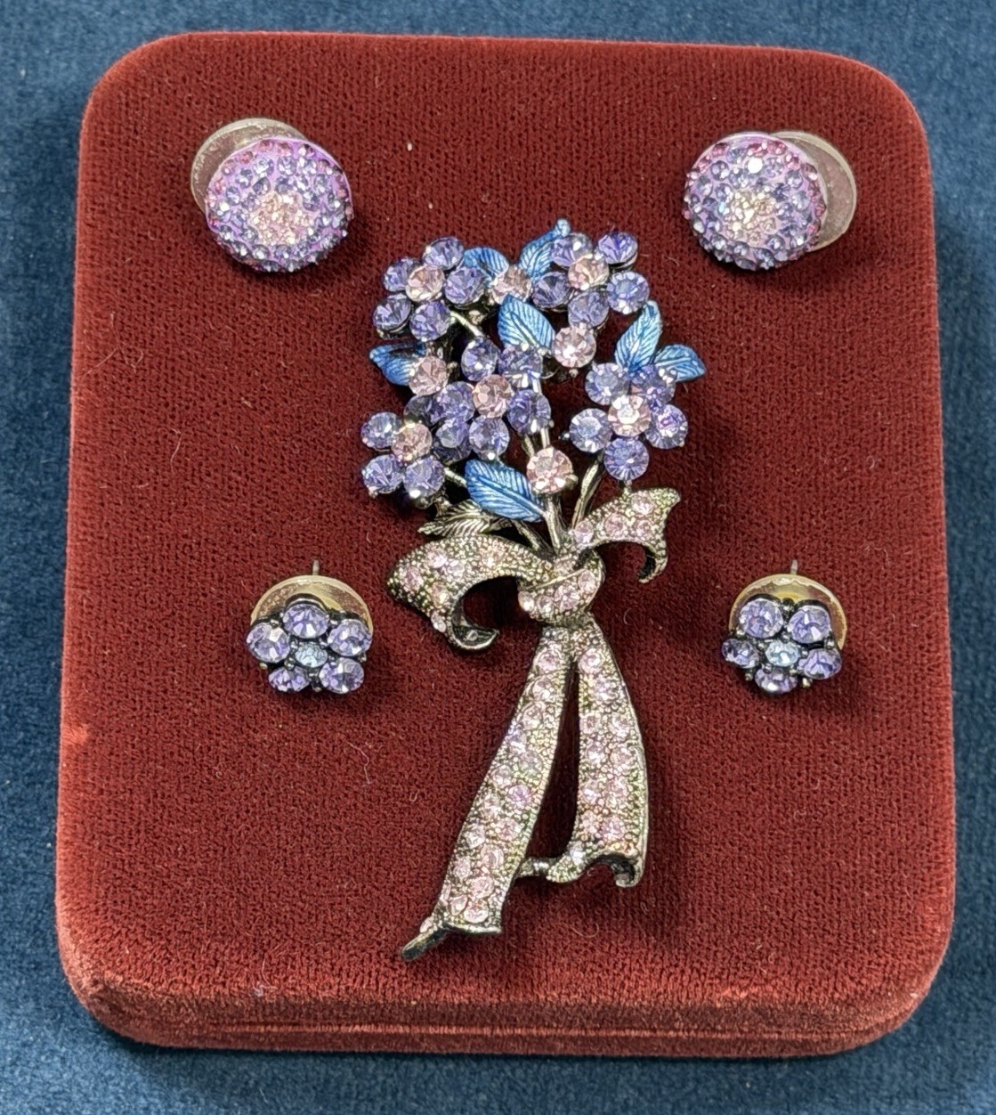 Vintage 90s Flower Bouquet Brooch Pierced Earrings 5 PC Set Purple Pink Gunmetal