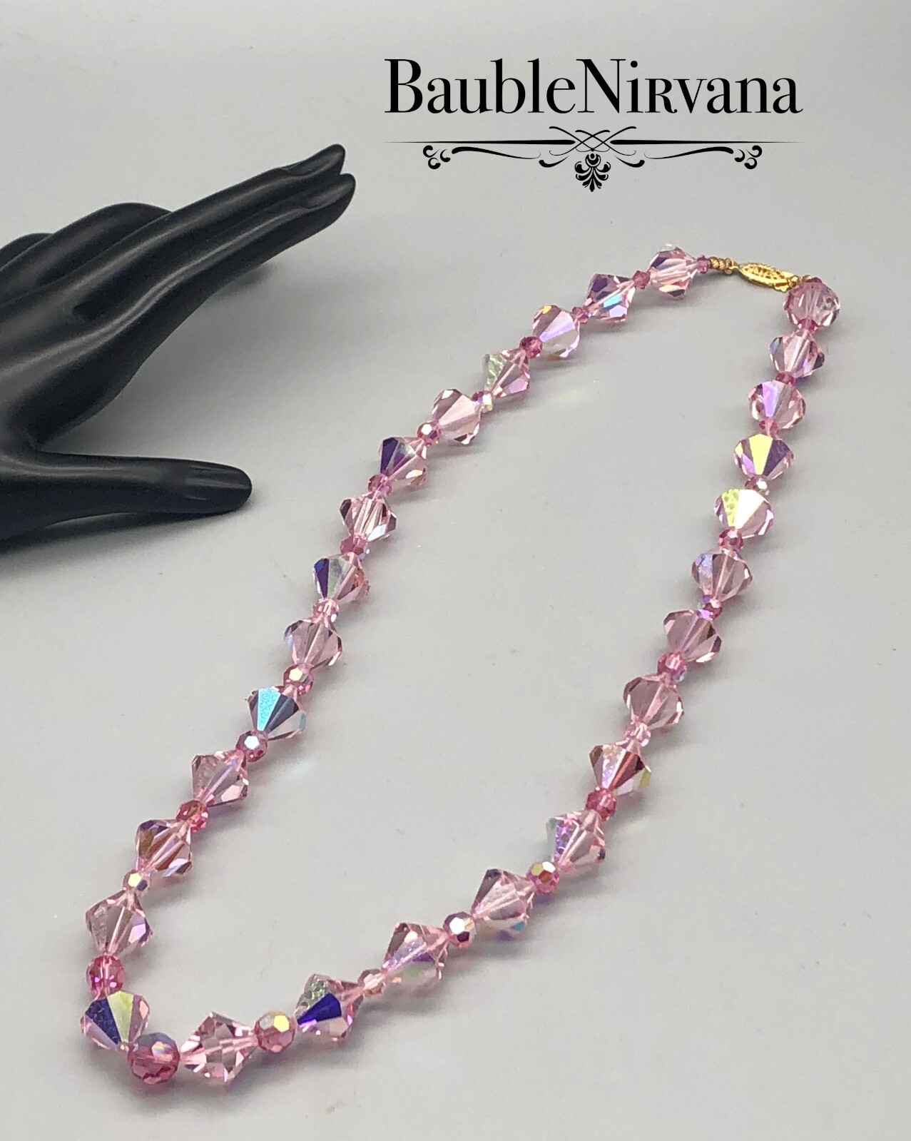 Vintage Brilliant Aurora Borealis Pink Austrian Crystal Beads Strand Necklace