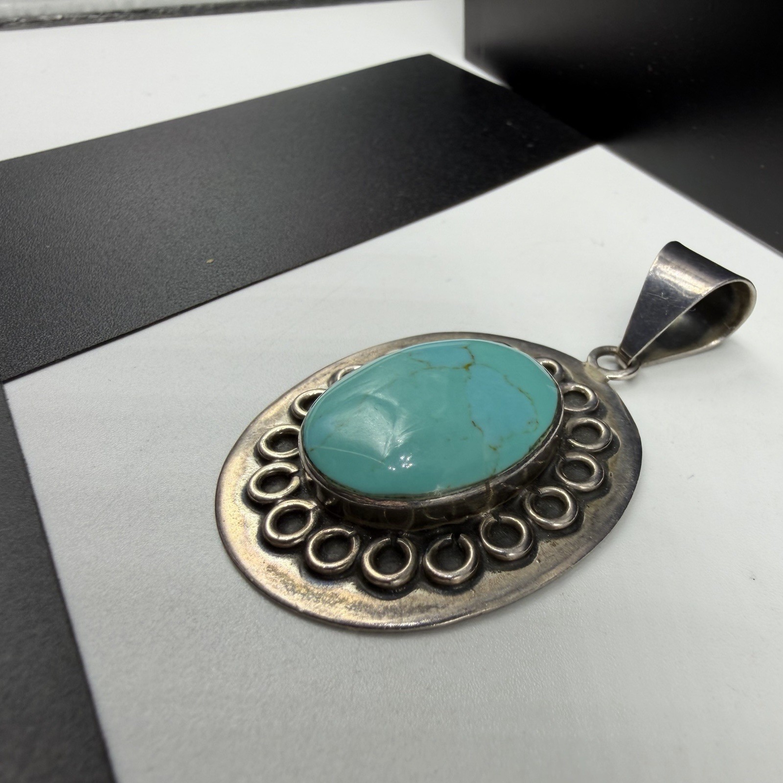 Vintage Taxco TL-83 Sterling Silver 2.25″ Drop Oval Turquoise Pendant Mex 17.2g