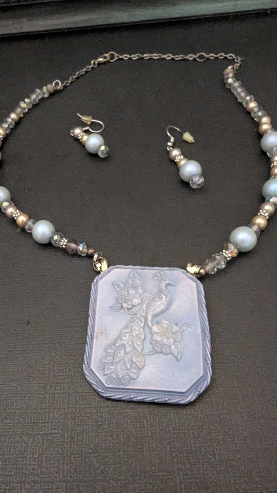 Vintage Light Blue Embossed Peacock Necklace – possibly Celluloid? With Earrings