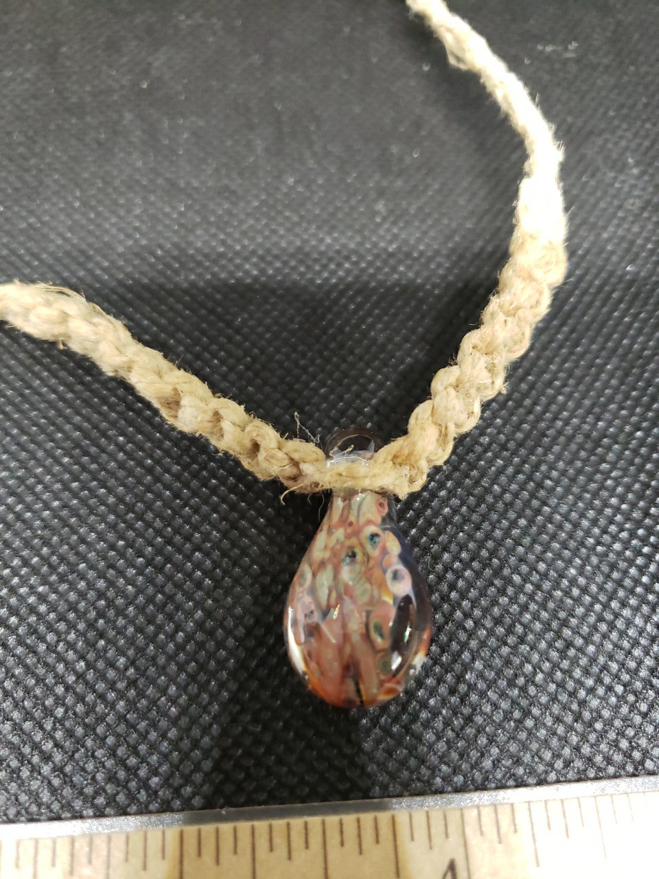 Vintage Blown Glass Hippie Mushroom Pendant Hemp Rope Necklace BOHO 15″Tie Back