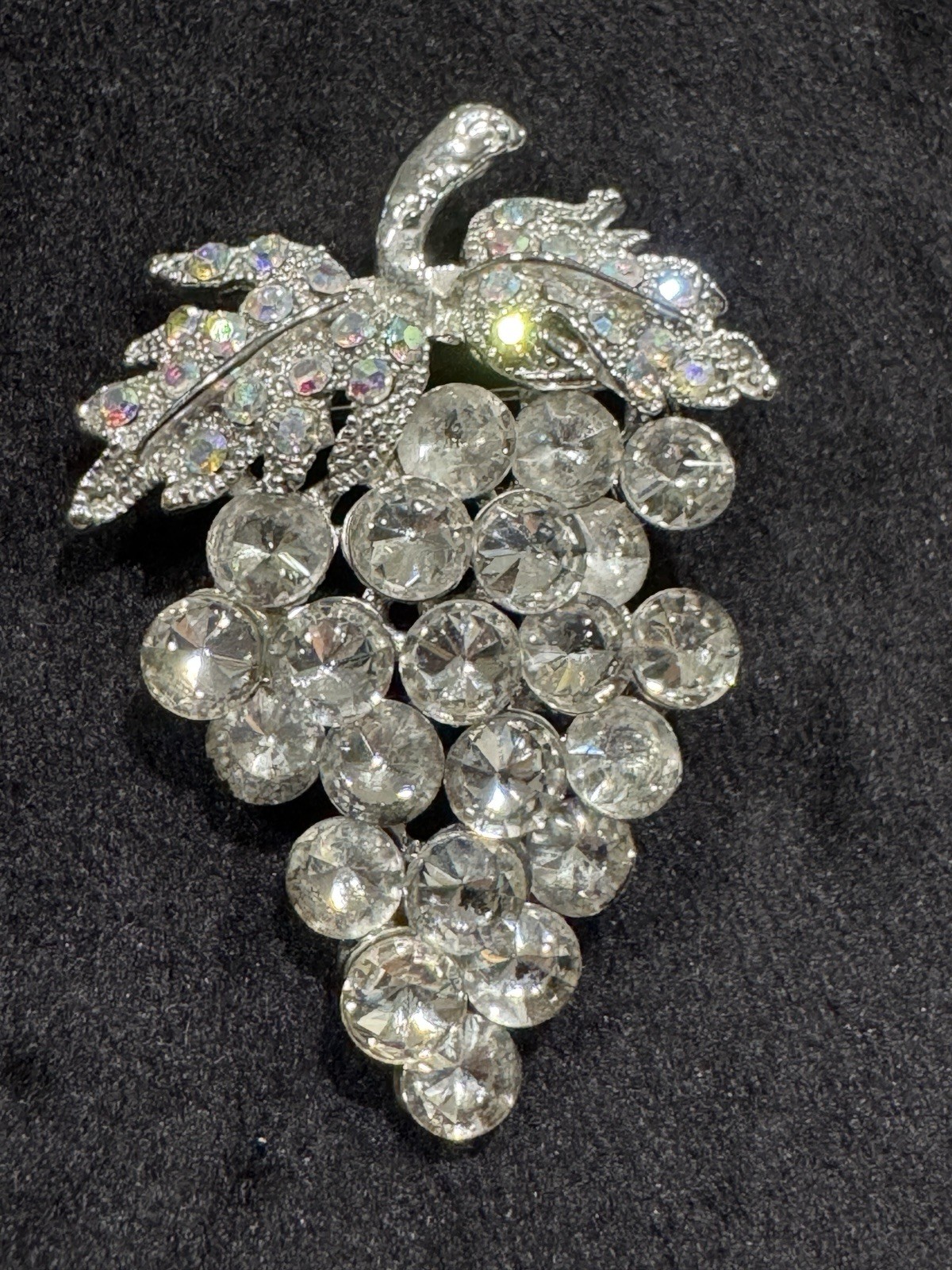Unique Vintage Clear Rhinestones Bunch of Grapes With Leaves Pin Brooch