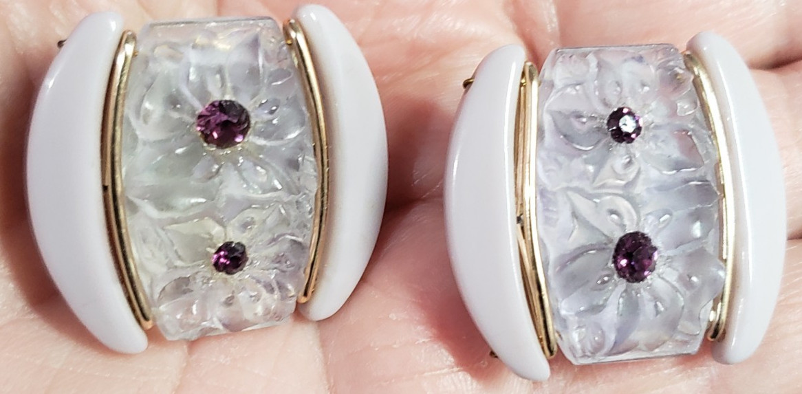 West Western Germany Lavendar Rhinestone Floral Clip On Earrings Jewelry Gift