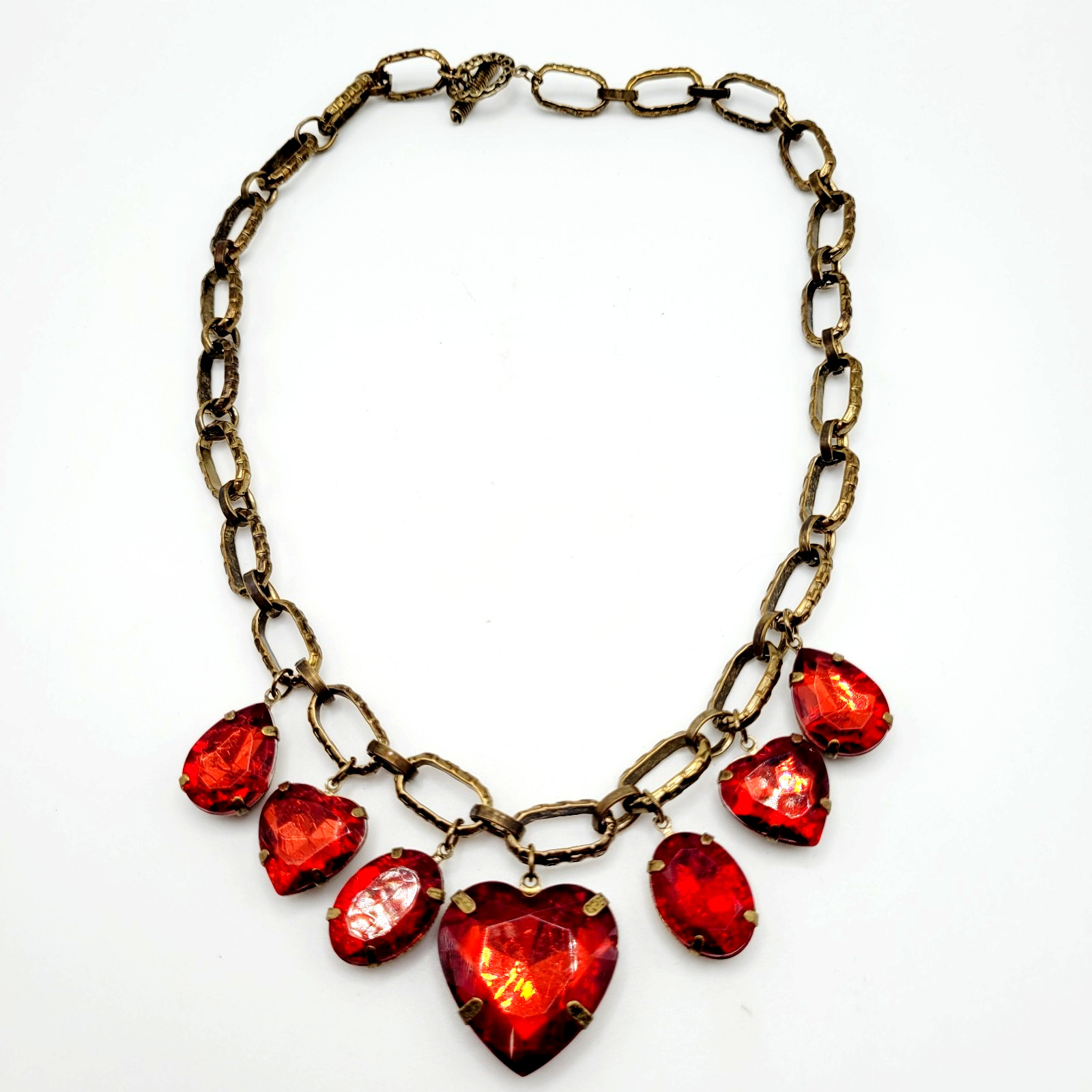 Red Acrylic Gem Statement Red Heart Brass Tone Large Link Vintage Necklace 17 In