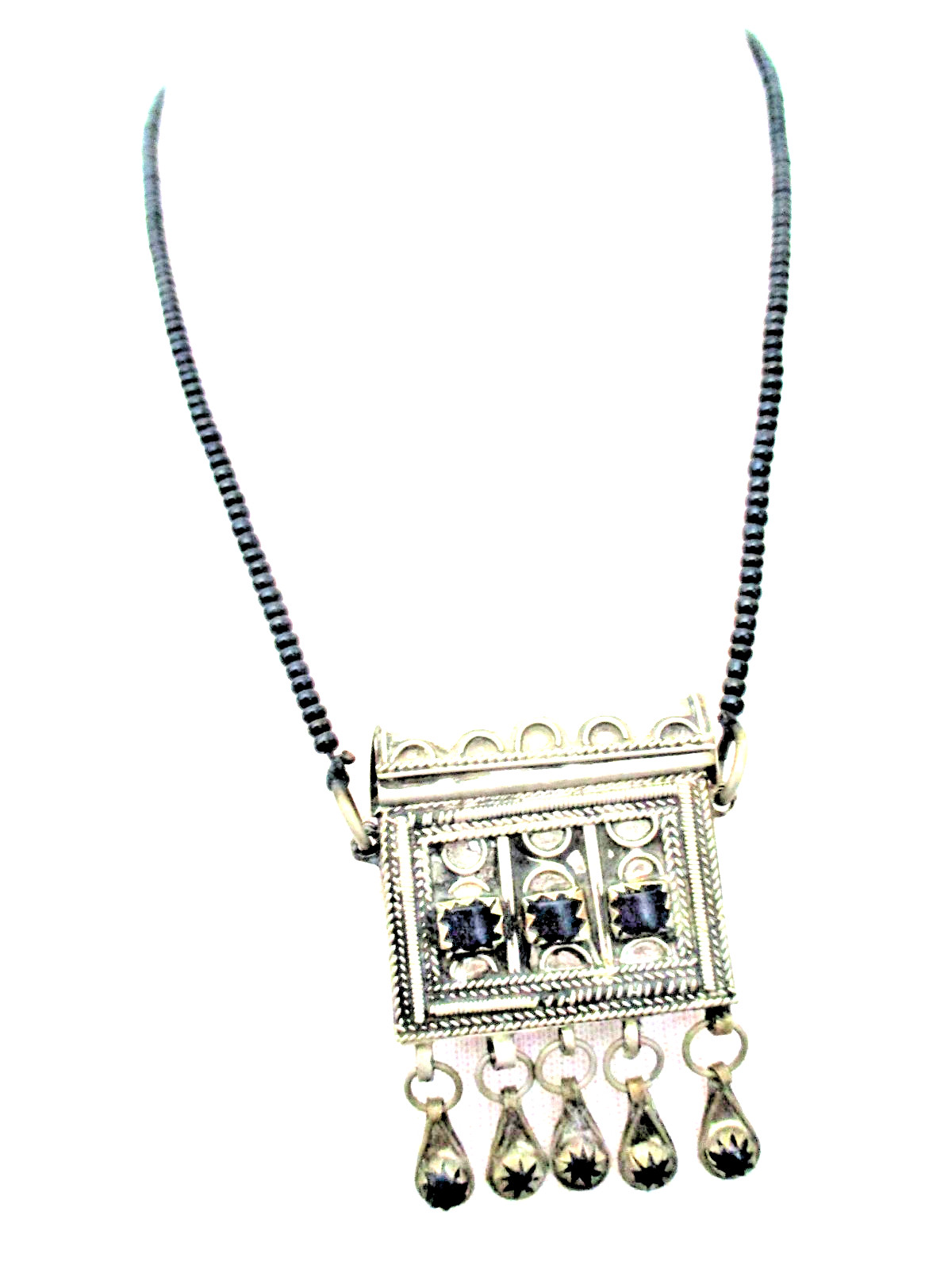 Vintage prayer necklace, blue stones and dangling decorative elements, 22 inches