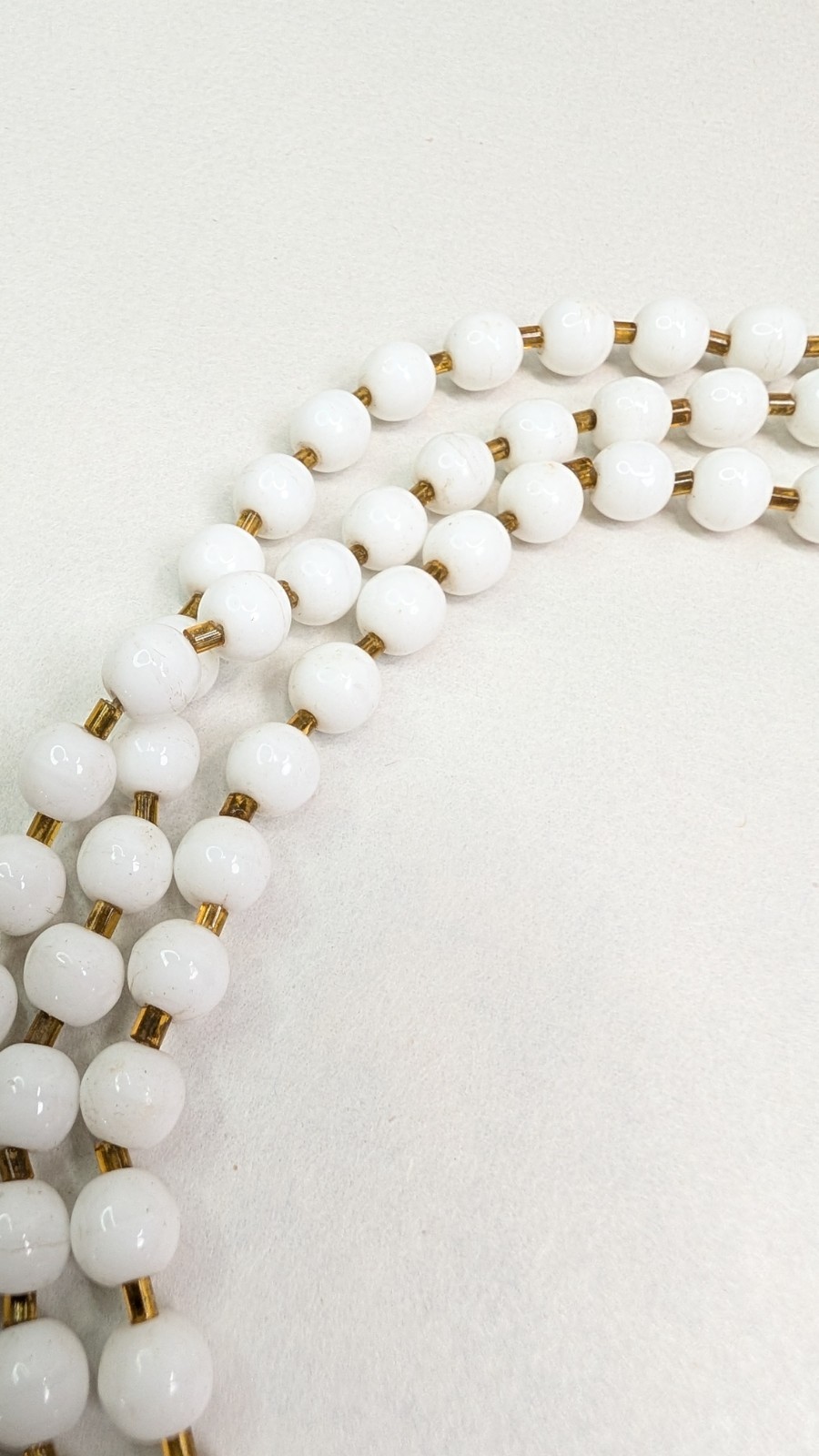1950s Milk Glass Necklace Triple Strand With Brass Tulip Caps Glass Clasp 16.5in