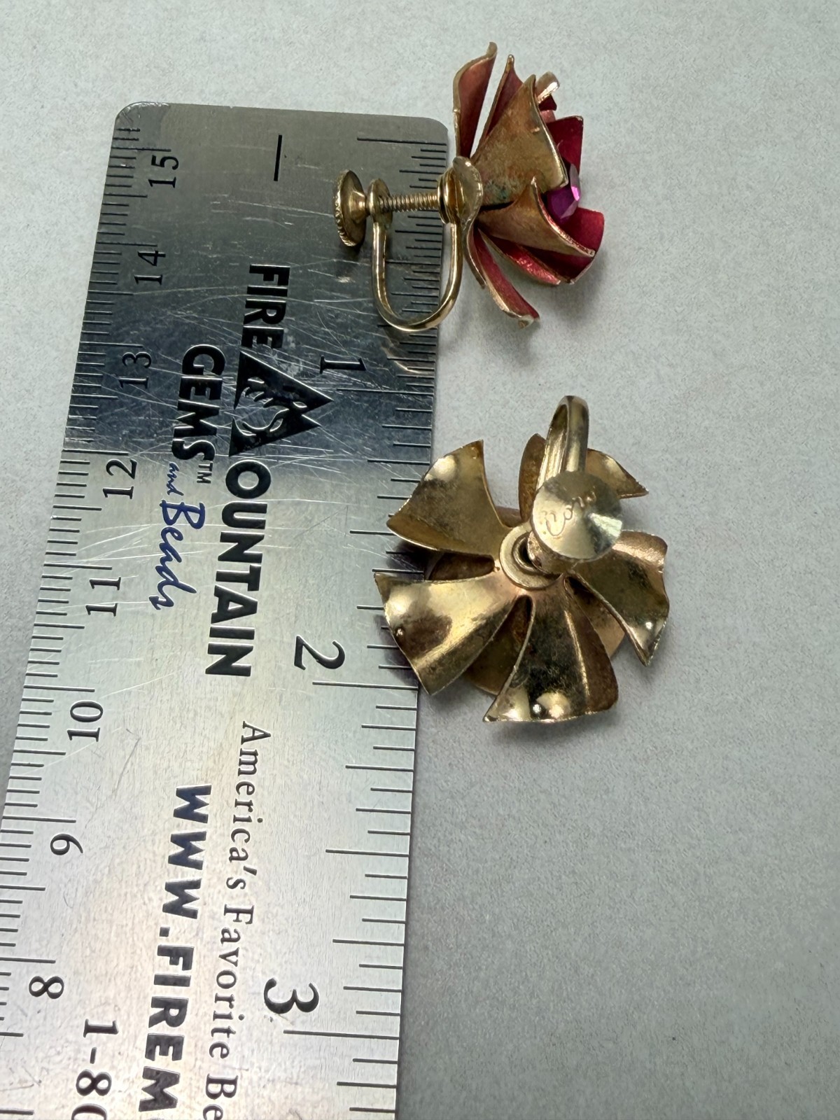 Coro Pink Enamel Rose Earrings Rhinestone Center Adjustable Clip On