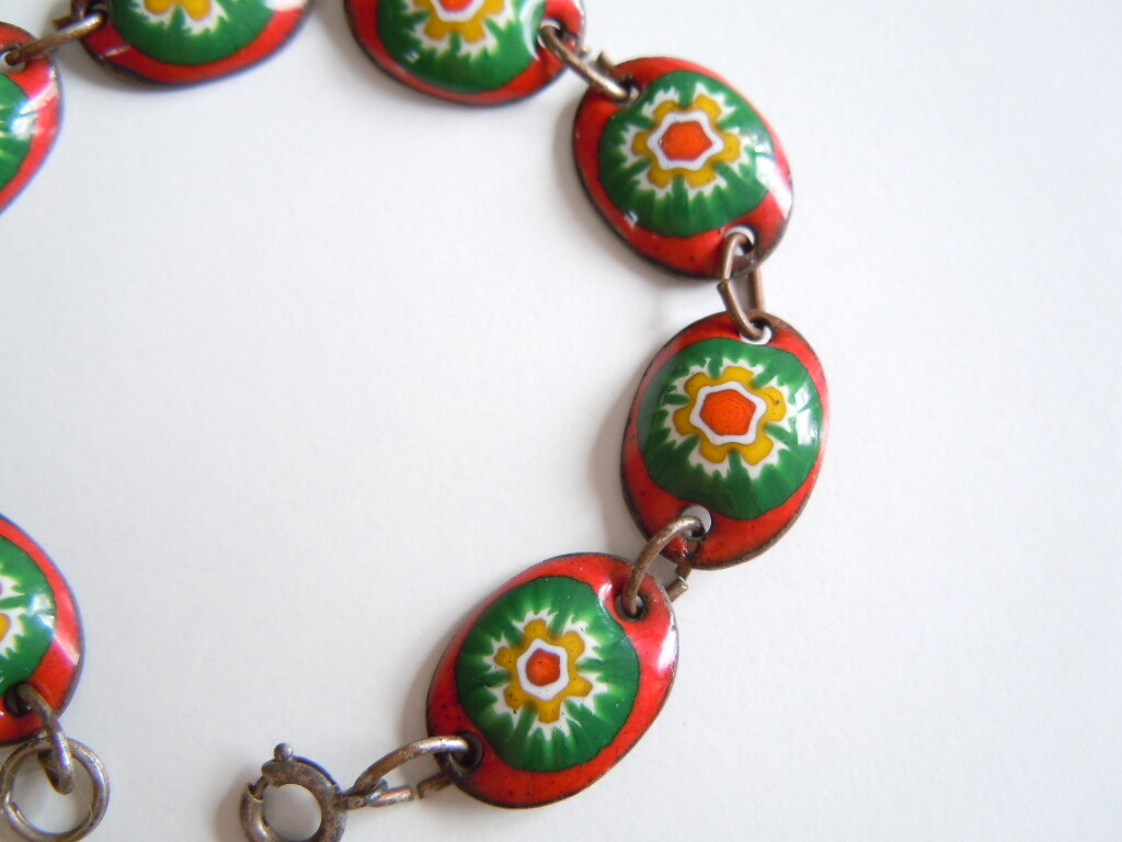 Vintage Bracelet Copper & Enamel Flower Designs 21.4 G / 19 Cm / B: 1.3 Cm